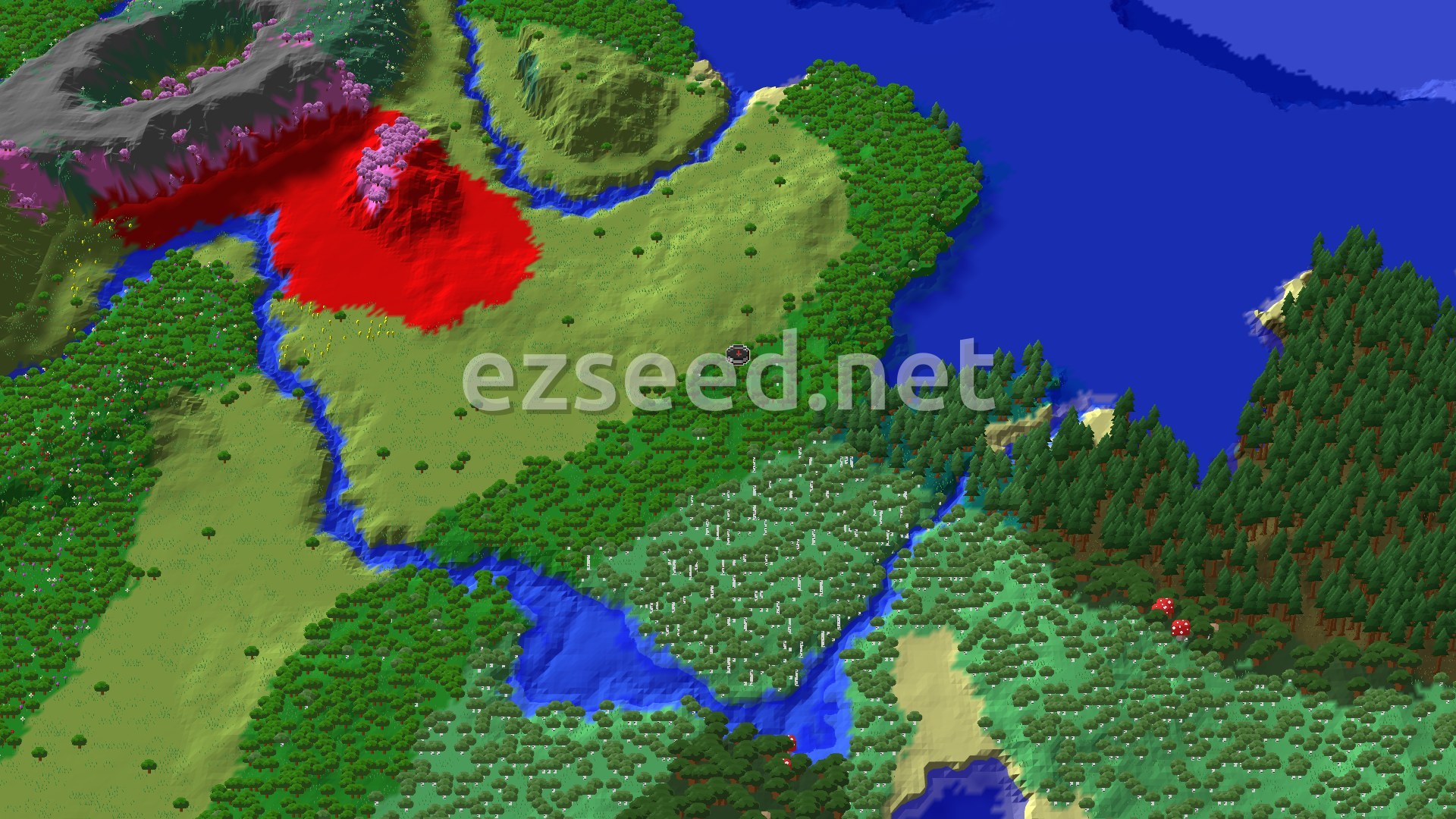 A 3D fly-over of a varied landscape around spawn, showing a dense forest, open plains, and scattered hills.