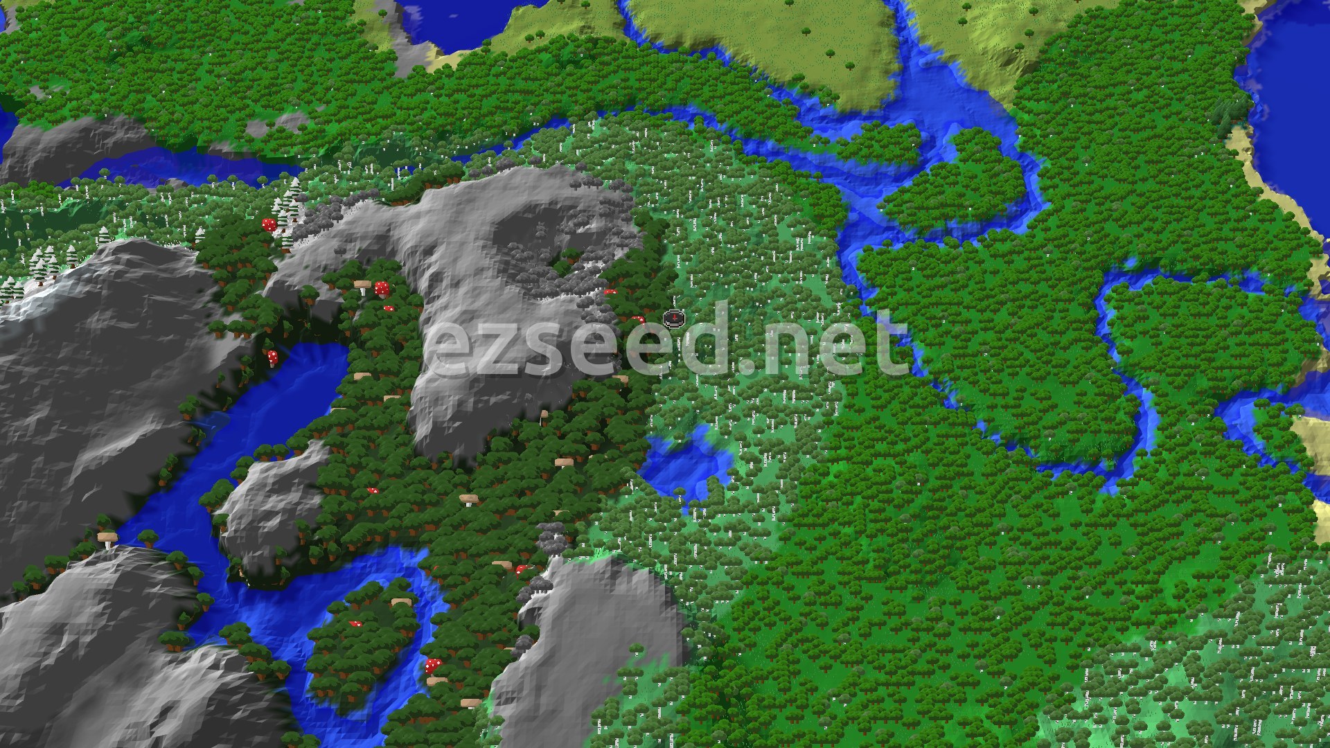A bird's-eye view of a varied landscape, featuring dense forests, a winding river, and a snowy mountain range to the west of spawn.
