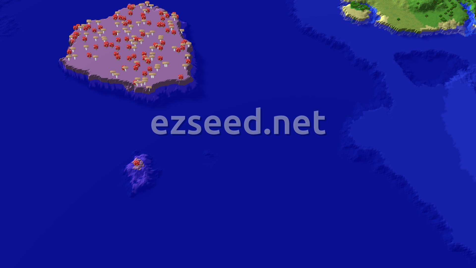 An isometric view of a large mushroom island in a blue ocean, with a smaller mushroom island nearby. A green mainland with trees is visible in the upper right.