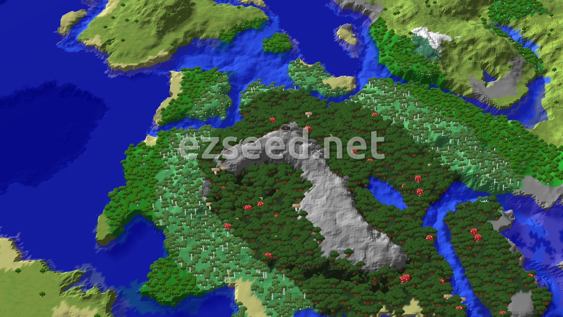 An overhead view of a large, dense dark forest biome with scattered red mushrooms, a central stony mountain, and blue rivers and oceans surrounding the landmasses.