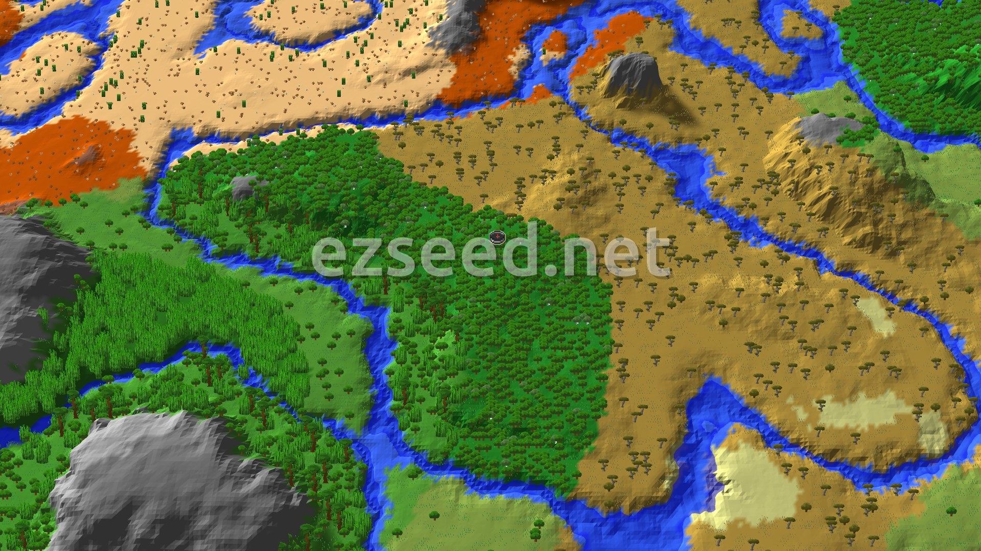 A 3D overhead view of a Minecraft world, showing a large, dark green forest at the center, surrounded by lighter green plains, sandy deserts, and orange badlands. Rivers with blue water wind through the biomes, and a small red spawn marker is visible in the middle of the forest.