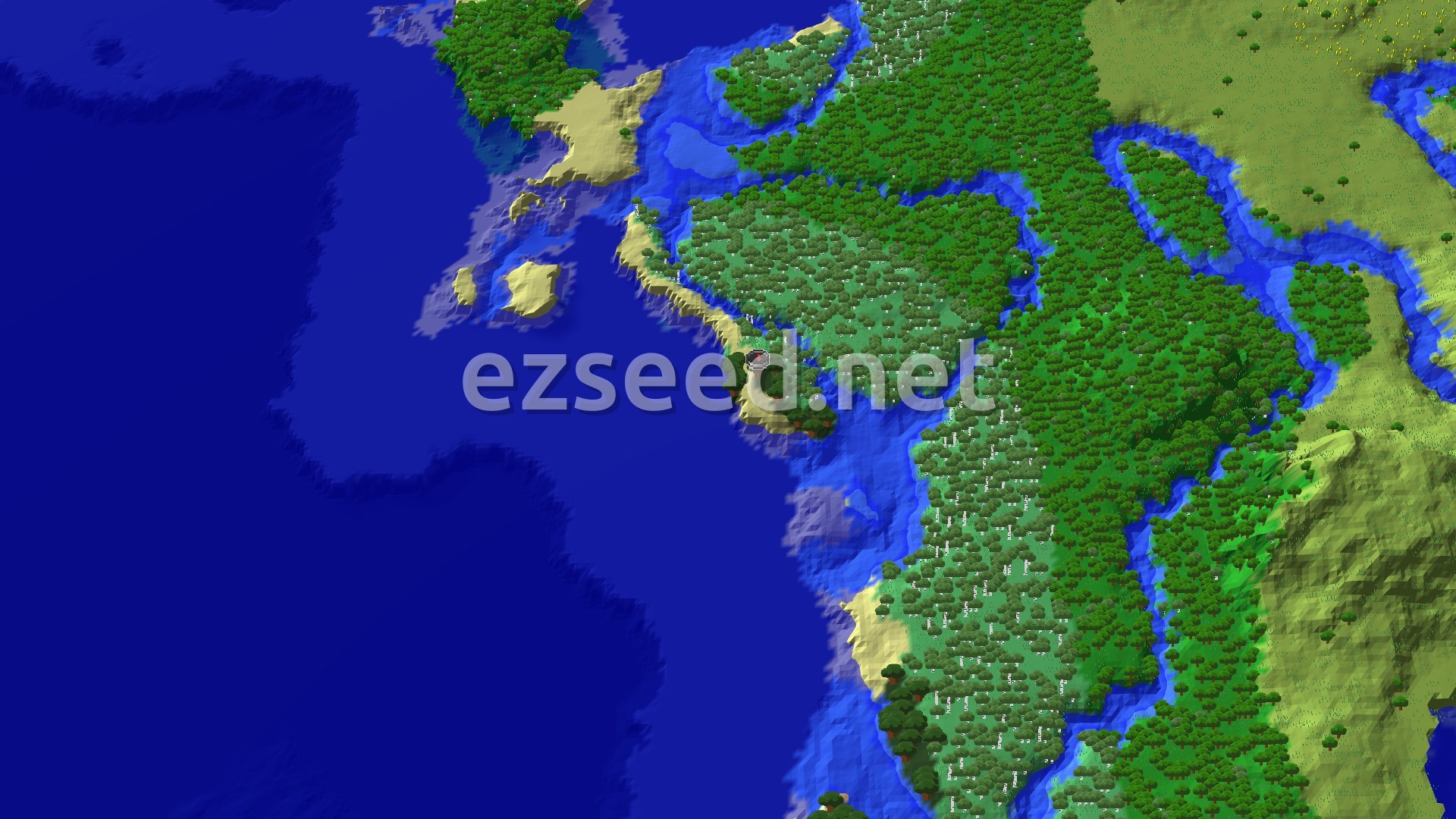 An aerial view shows a coastline with sandy beaches, dense forests, and winding rivers. The ocean stretches to the left, and a spawn marker is visible near the center of the image.