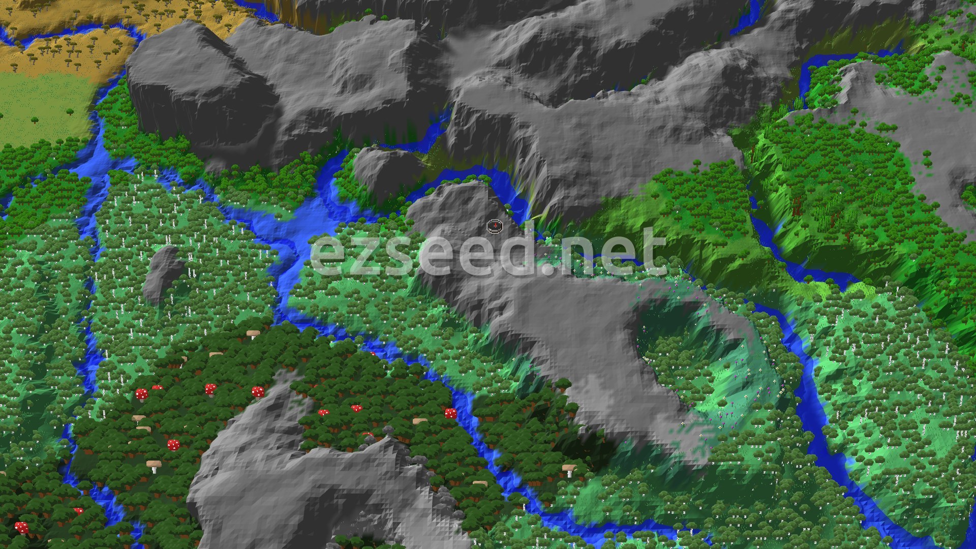 Aerial Minecraft seed map — Meadow Spawn with Nearby Jungle and Trial Chambers