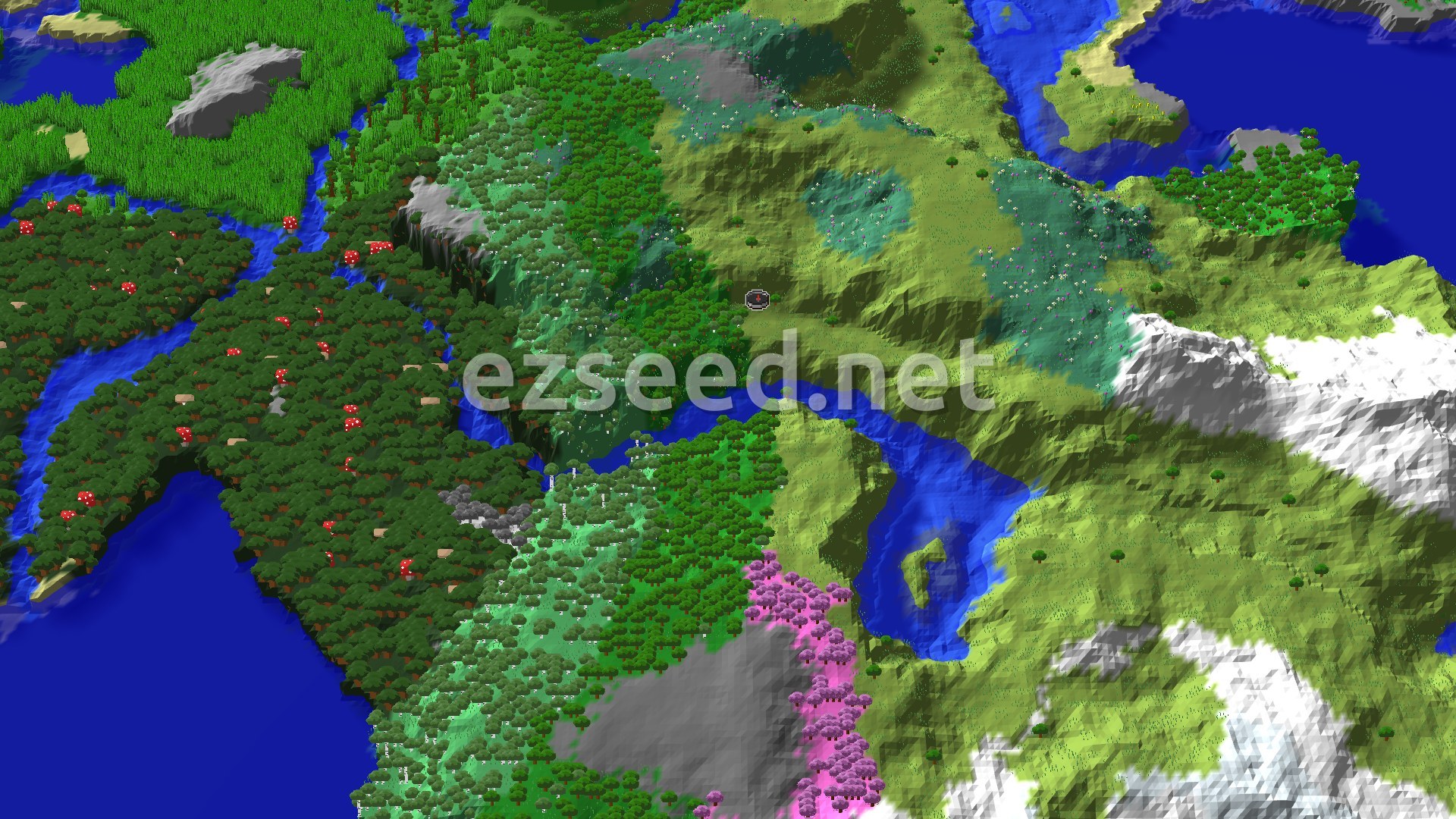 Aerial Minecraft seed map — Ancient City and Cherry Grove Near Spawn