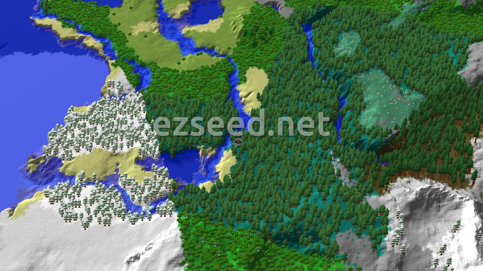 Aerial Minecraft seed map — Taiga Village with Nearby Trail Ruins