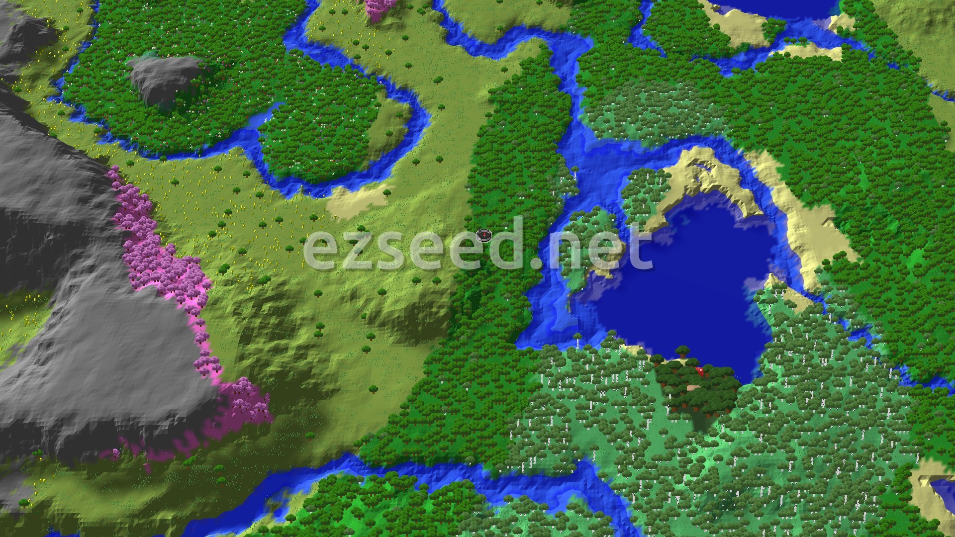 An overhead view of a varied landscape featuring a large forest, a winding river, a dark blue lake with sandy shores, and a distinct pink Cherry Grove biome nestled against grey mountains.