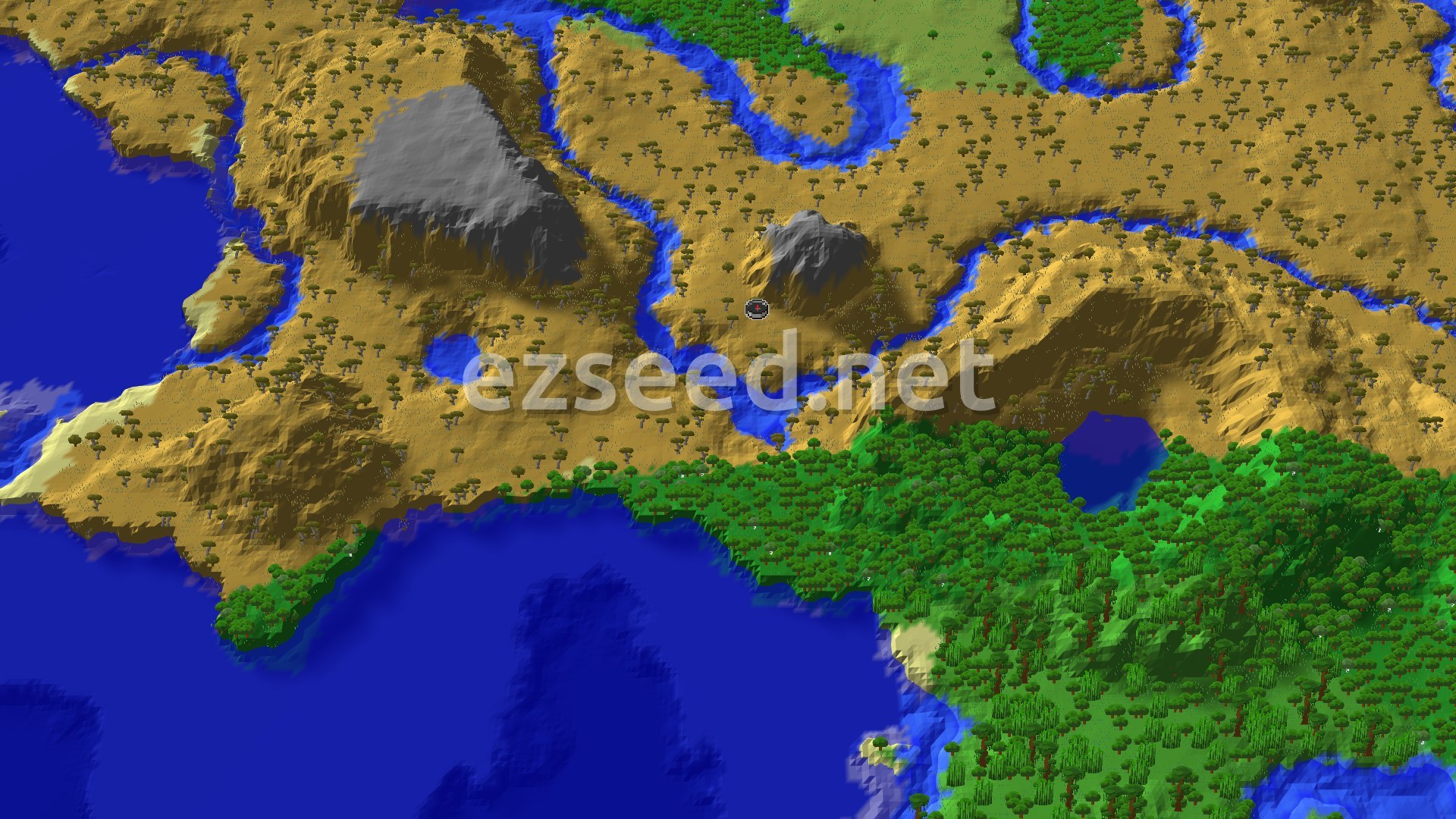 An aerial view of a savanna biome with scattered acacia trees, winding rivers, and a large body of water to the west and south. A jungle biome is visible across the southern water.