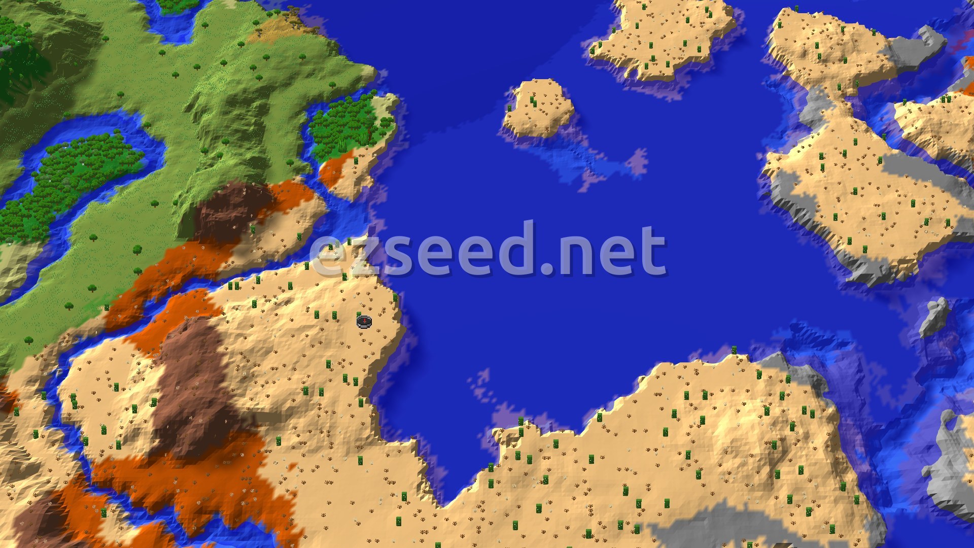 Aerial Minecraft seed map — Desert Spawn with Nearby Badlands and Jungle