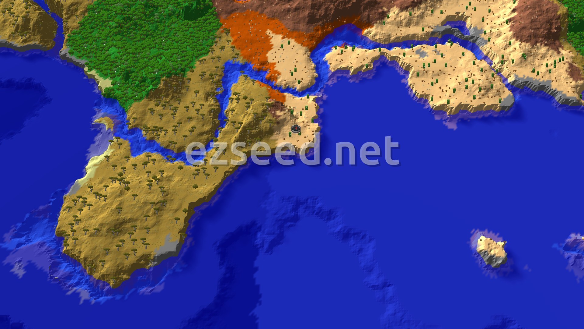 An overhead view of the world around spawn, showing a large desert area with some savanna trees and clear blue ocean surrounding it. A small river cuts through the desert and connects to the ocean. Badlands are visible further north.