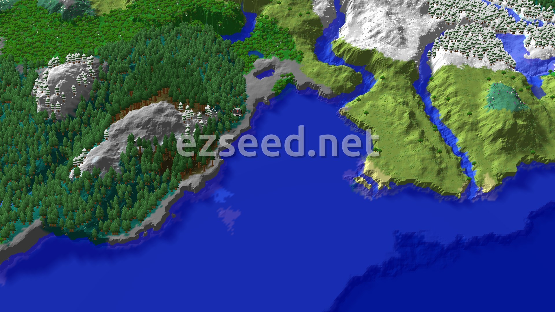 Aerial Minecraft seed map — Taiga Spawn with Nearby Ancient City