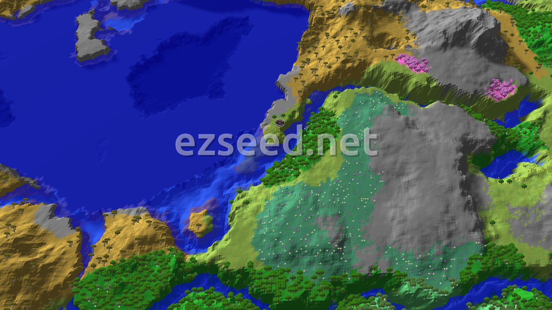 An aerial view of a varied landscape, featuring a large ocean, a coastline with sandy beaches, and inland areas with green forests, some grey mountainous terrain, and patches of pink cherry trees.