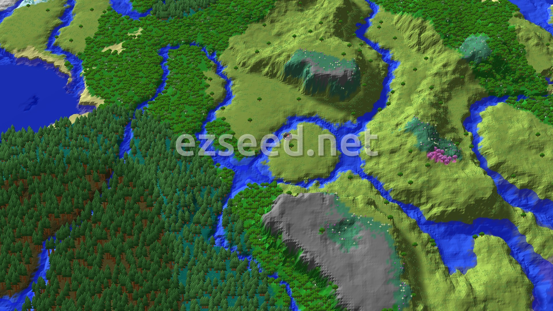A bird's-eye view of a varied landscape featuring a central plains area, surrounded by forests, rivers, and some hilly terrain, with a small pink cherry grove in the distance.