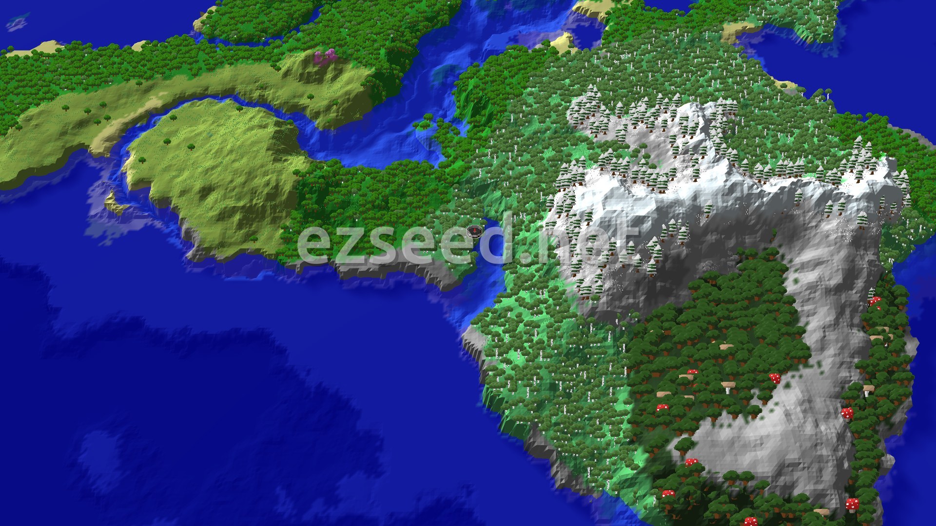 An aerial view of a Minecraft world showing a spawn marker in a birch forest, with a large snowy mountain range to the east, bordered by a dark ocean.