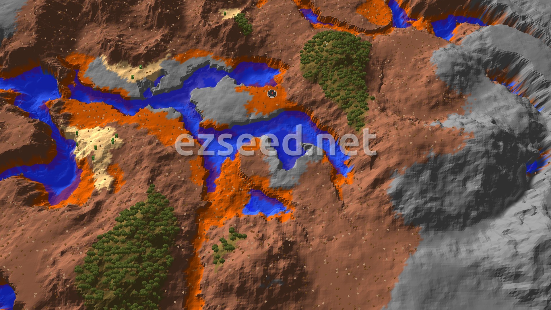 An aerial view shows a spawn point in wooded badlands terrain, with rivers and stony shores nearby.
