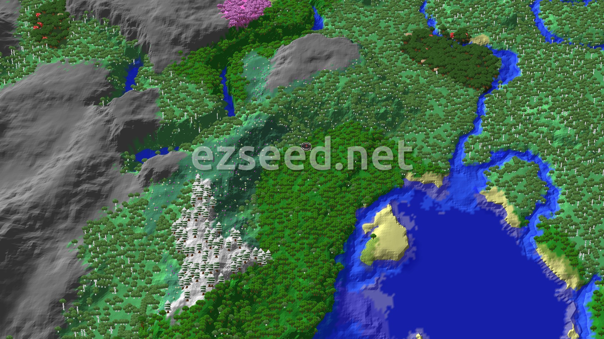 An overhead view of a diverse landscape featuring dense forests, a winding river, snow-capped mountains, a large ocean with beaches, and a small pink cherry grove.