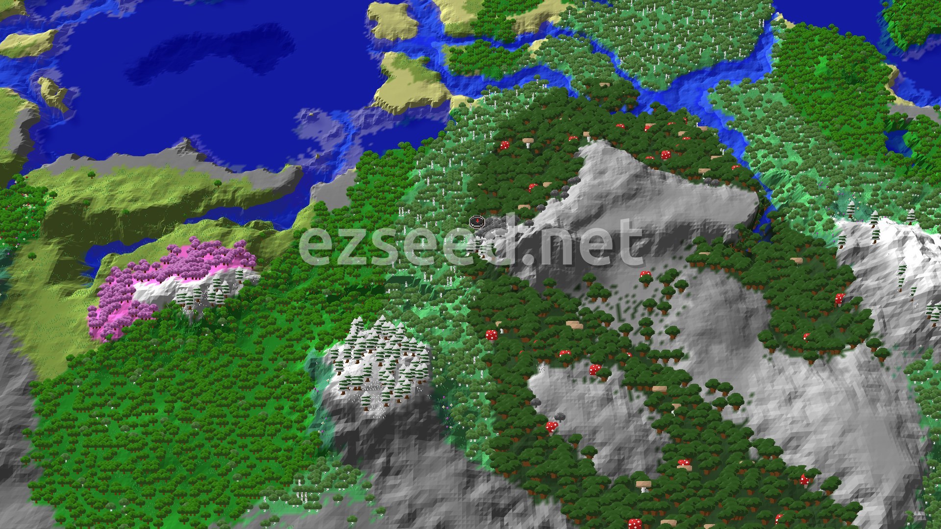 An aerial view of a varied landscape, featuring dense dark forests, towering snowy peaks, a distinct pale garden biome, and a bright pink cherry grove.