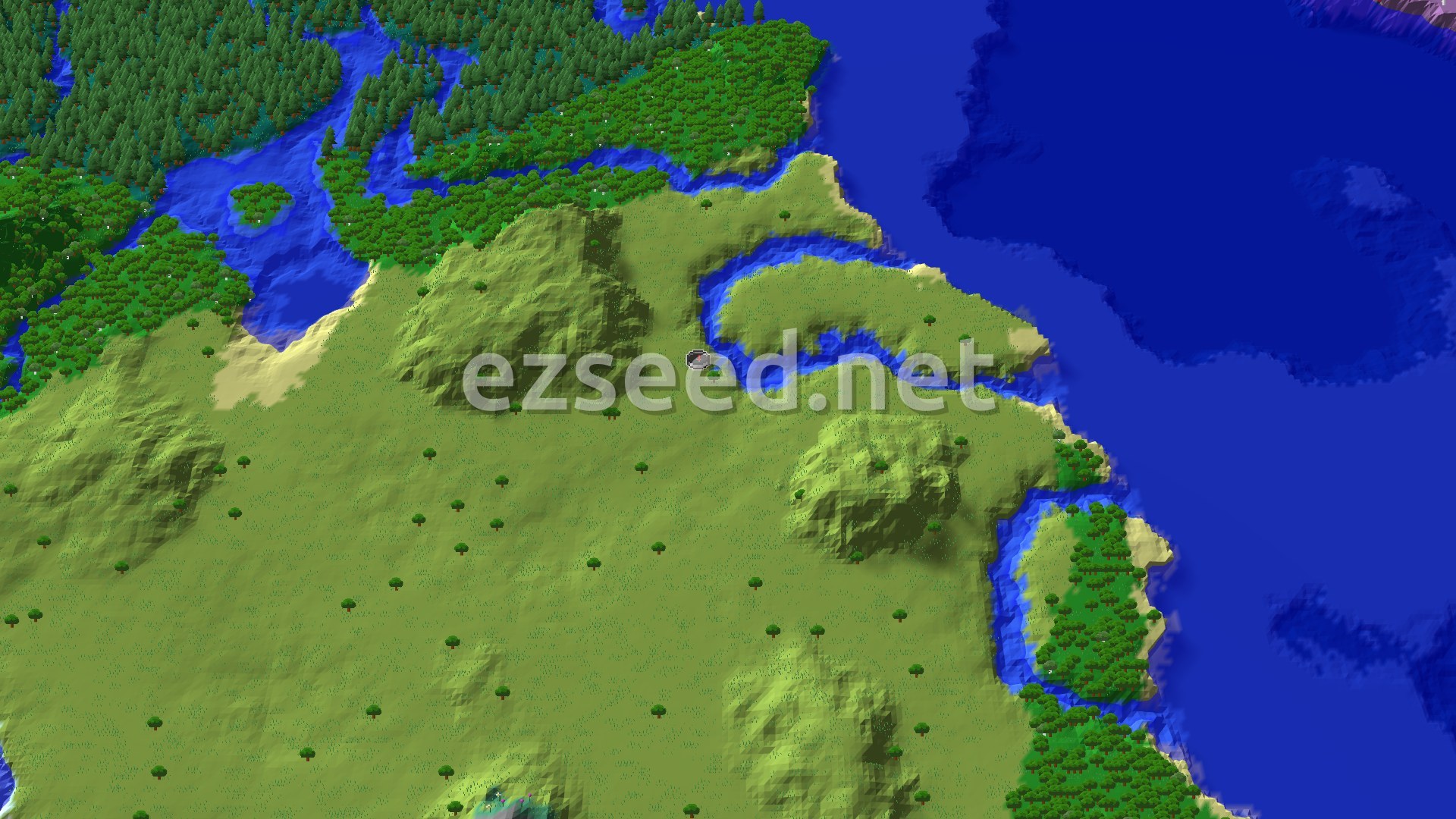 A sweeping view of a varied landscape, showing plains, forests, and a large body of cold ocean, with a spawn marker.