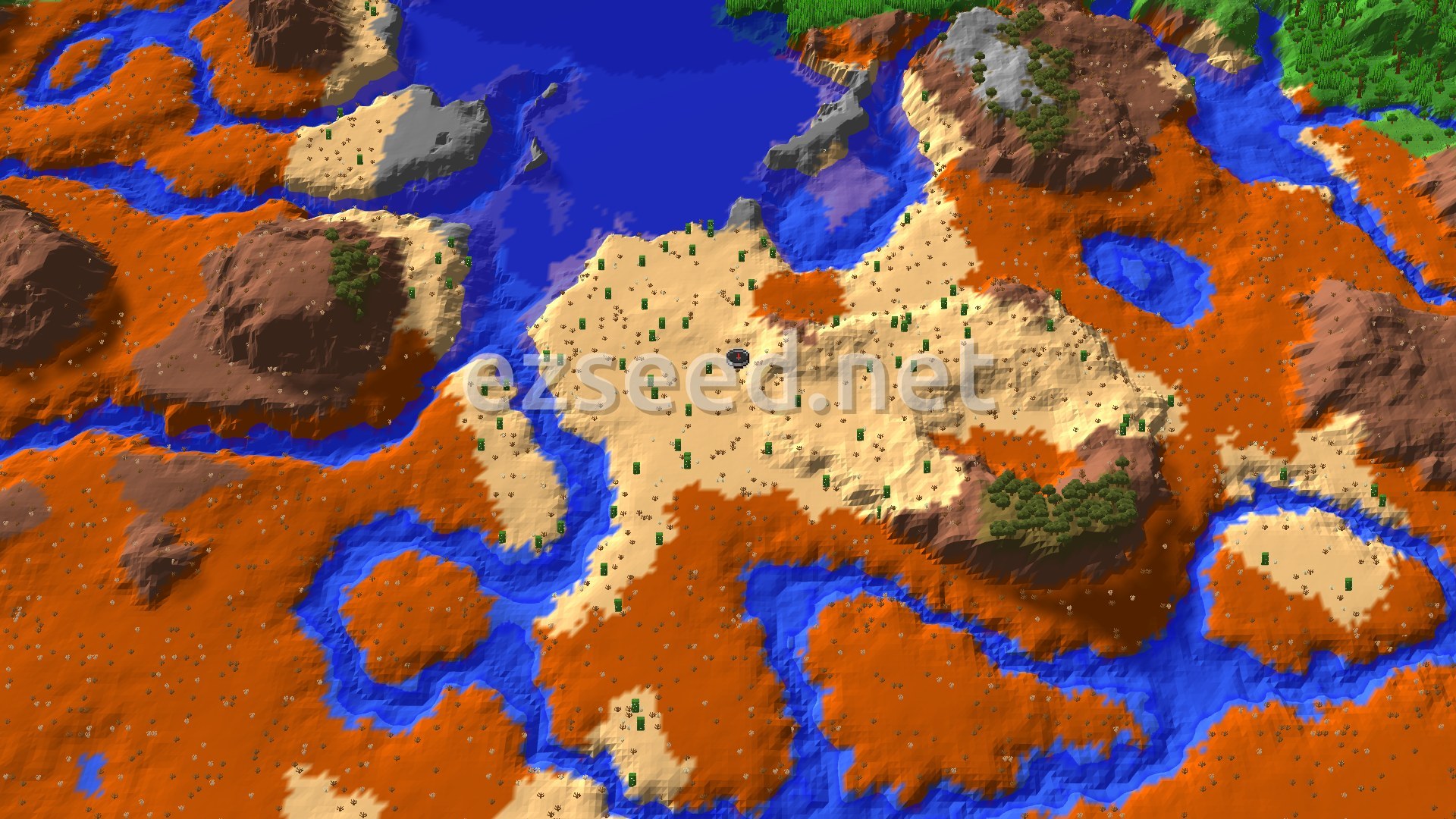 An aerial view centered on a flat desert biome with scattered cacti, surrounded by orange-brown badlands hills, and blue rivers and oceans. A small spawn marker is at the center.