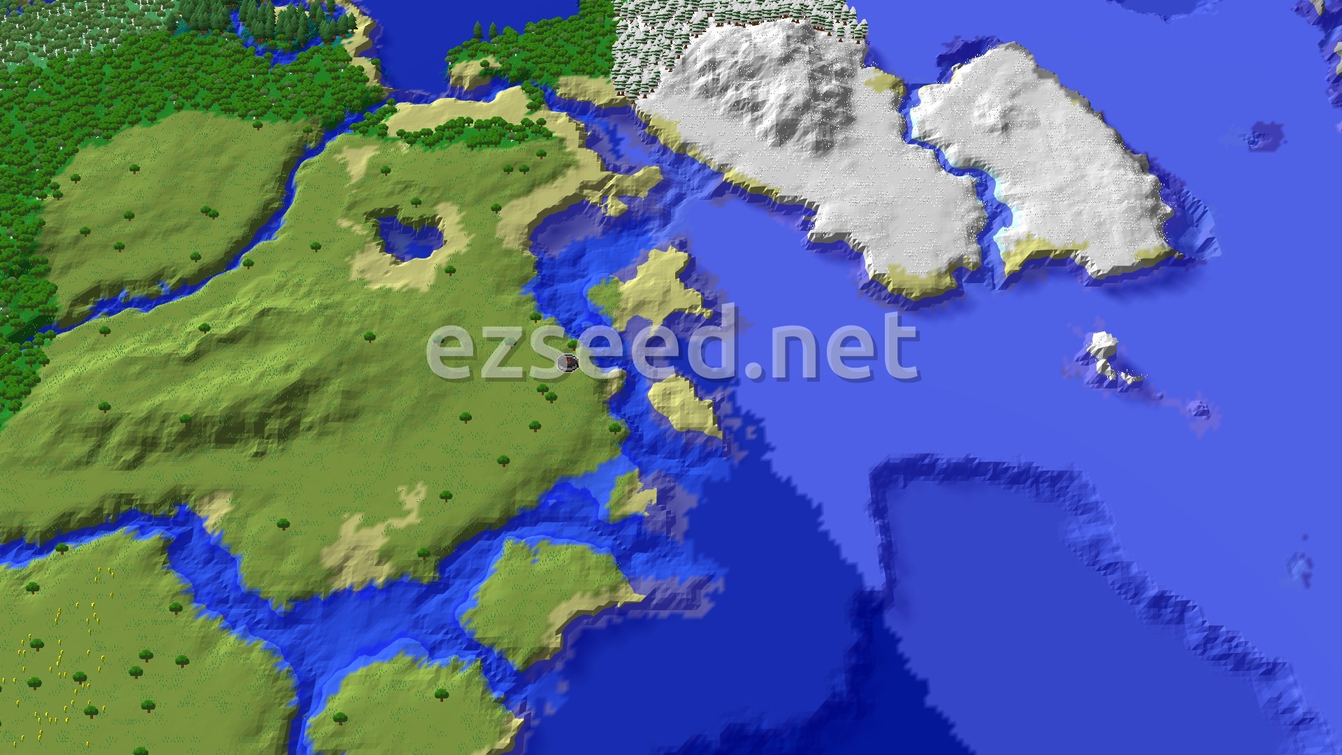 An aerial view of a flat plains biome at spawn, with a river flowing through it and snowy biomes visible in the distance.