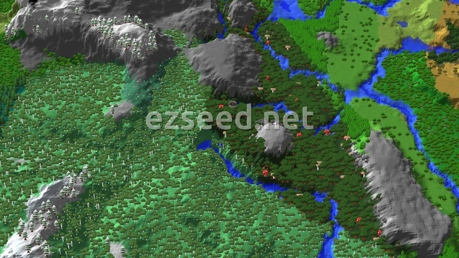 An aerial view of a dense Dark Forest at the center, with a winding river, some mountainous terrain, and patches of lighter green Old Growth Birch Forest and Birch Forest.