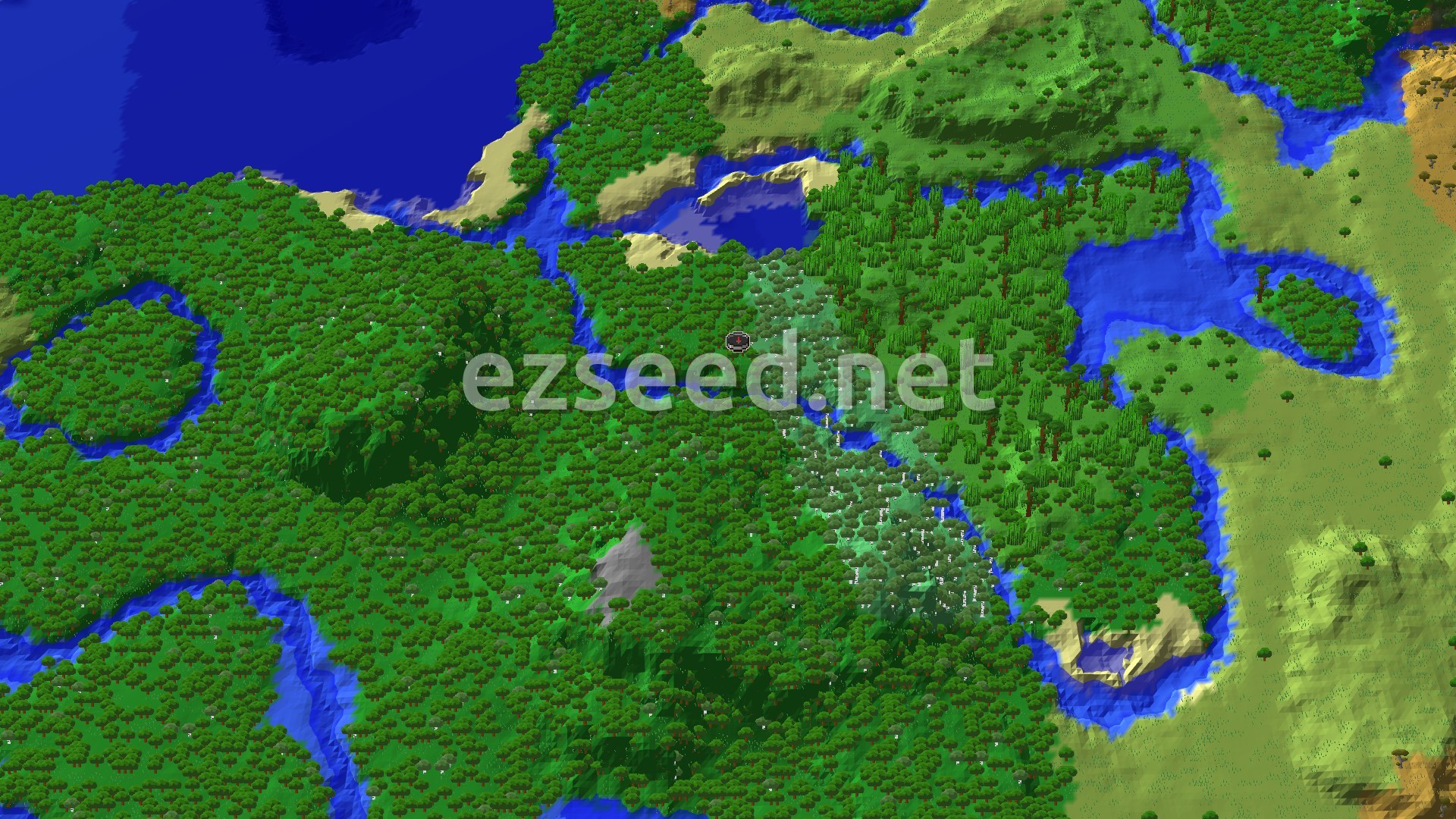 A bird's eye view of a dense forest biome with rivers and patches of lighter green biomes, with ocean in the distance.