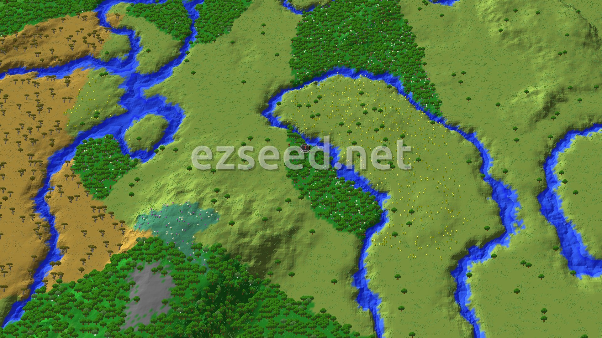 An overhead view of a diverse landscape featuring a Flower Forest at the center, surrounded by plains, rivers, and patches of other forest types.