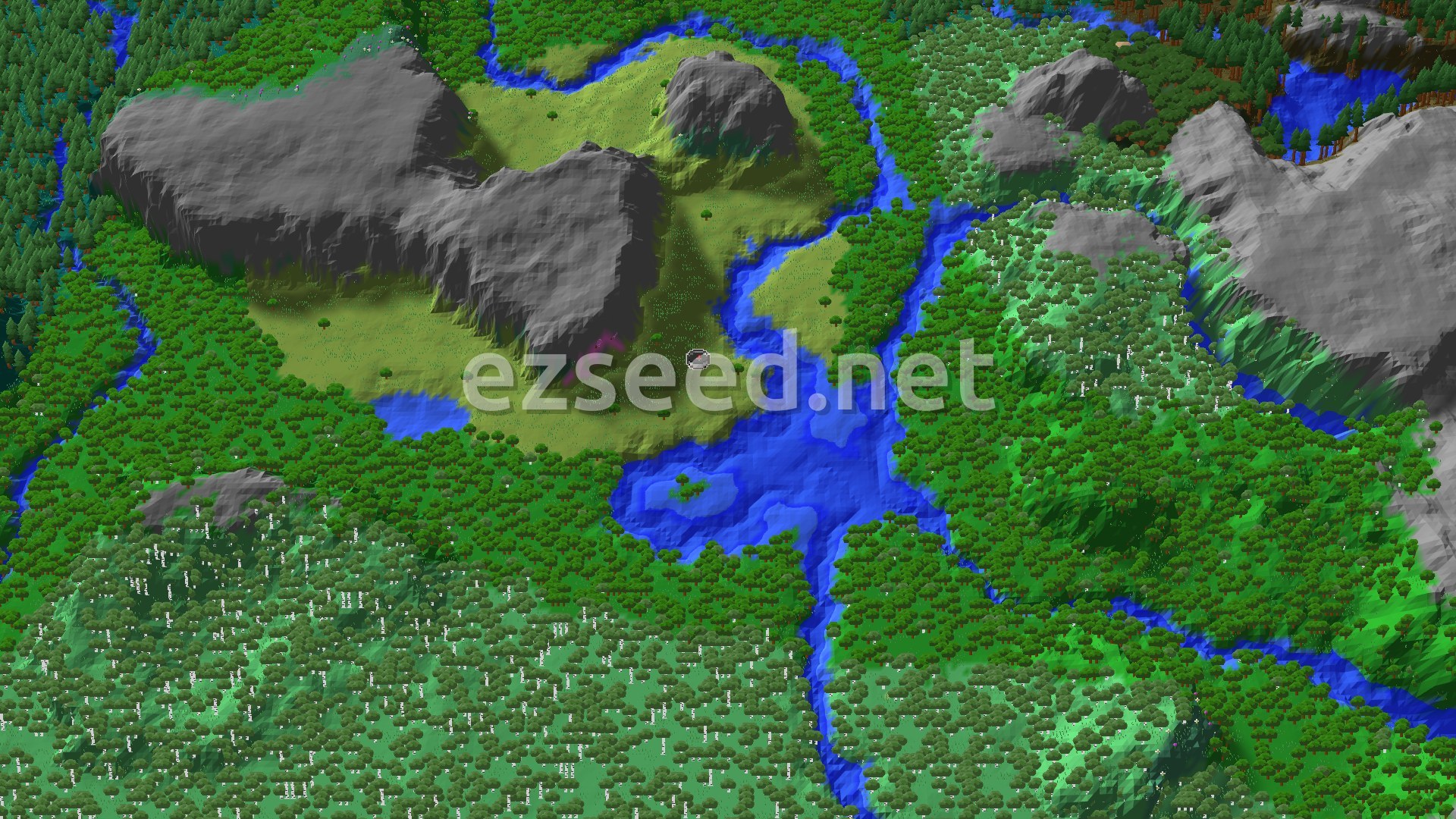 A 3D fly-over of a varied landscape with plains, forests, and winding rivers around a central spawn point.