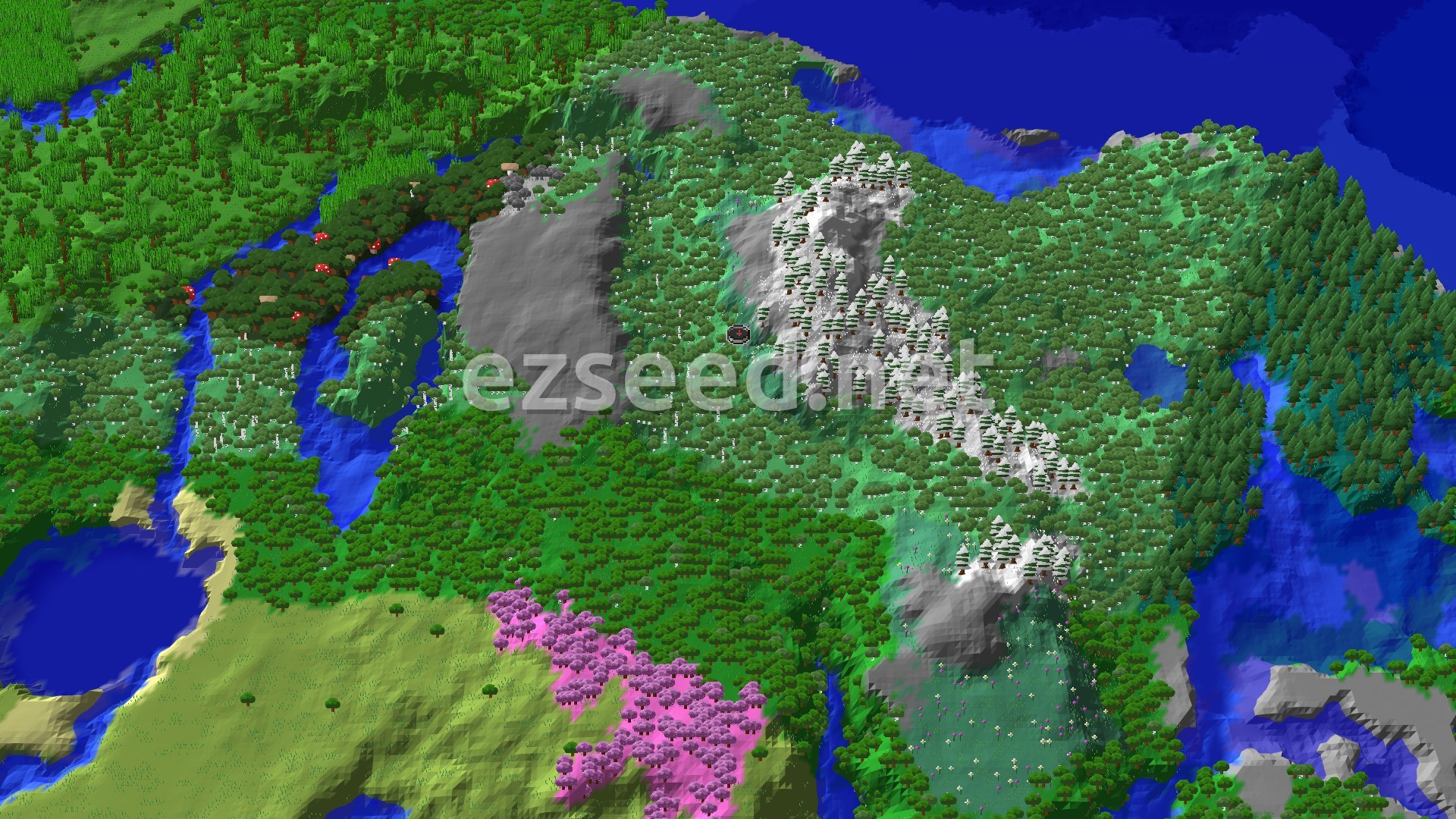 A bird's-eye view of a varied Minecraft landscape featuring green forests, a prominent snow-capped mountain range, a winding river, and a distinct patch of pink cherry trees.