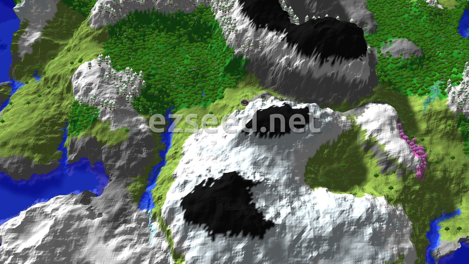 An aerial view showing a central grassy plains area bordered by snow-capped mountains, dense forests, and a small river or body of water.
