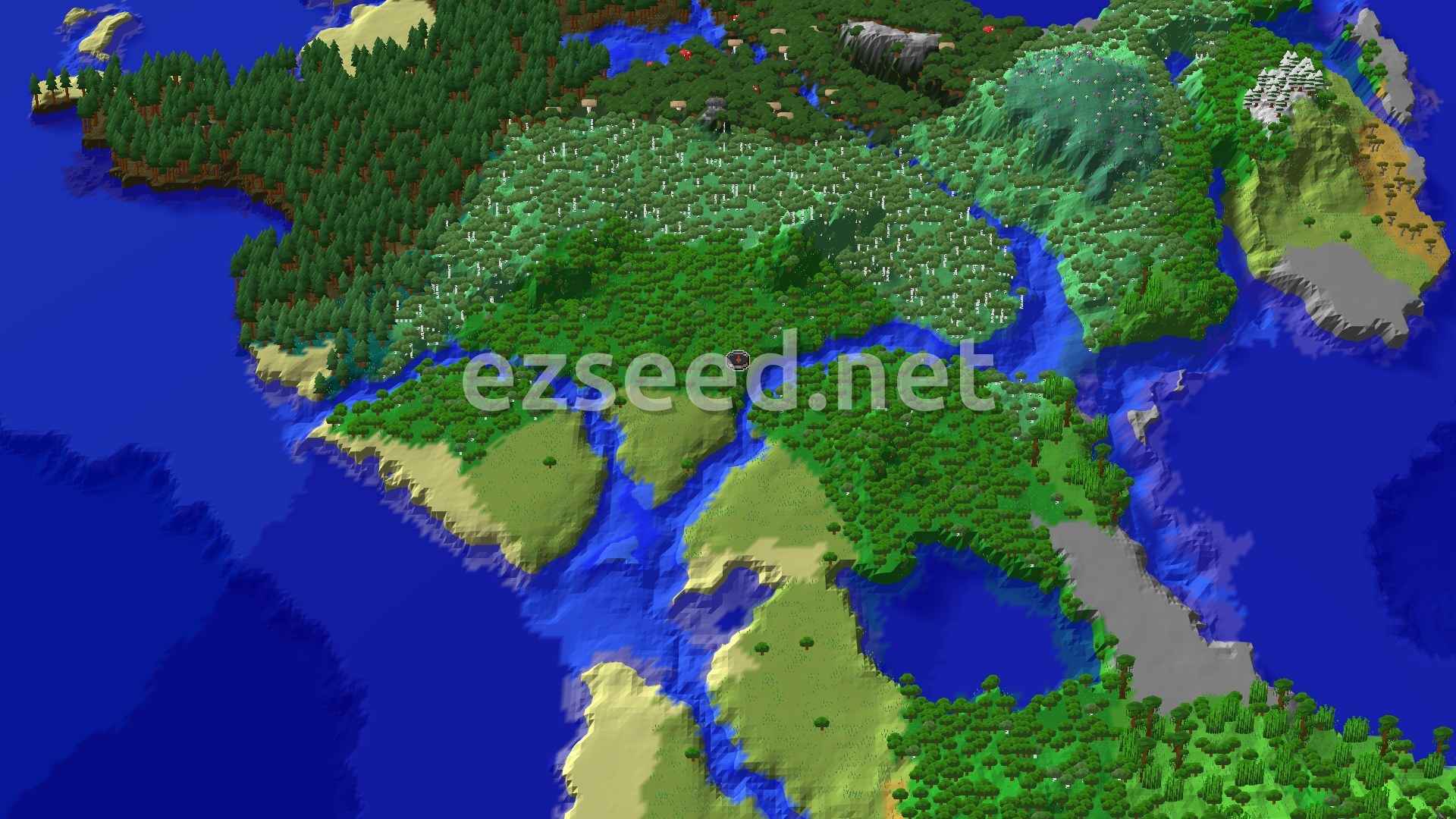 A 3D aerial view shows a dense forest and birches around the spawn point, with rivers, sandy beaches, and large oceans nearby. Hills and varied terrain are visible in the distance.