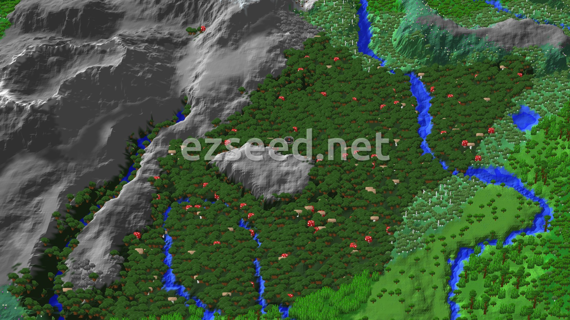 An aerial view of a dense dark forest with tall trees and red mushrooms, bordered by a river and grey mountains. A small spawn marker is visible at the center.
