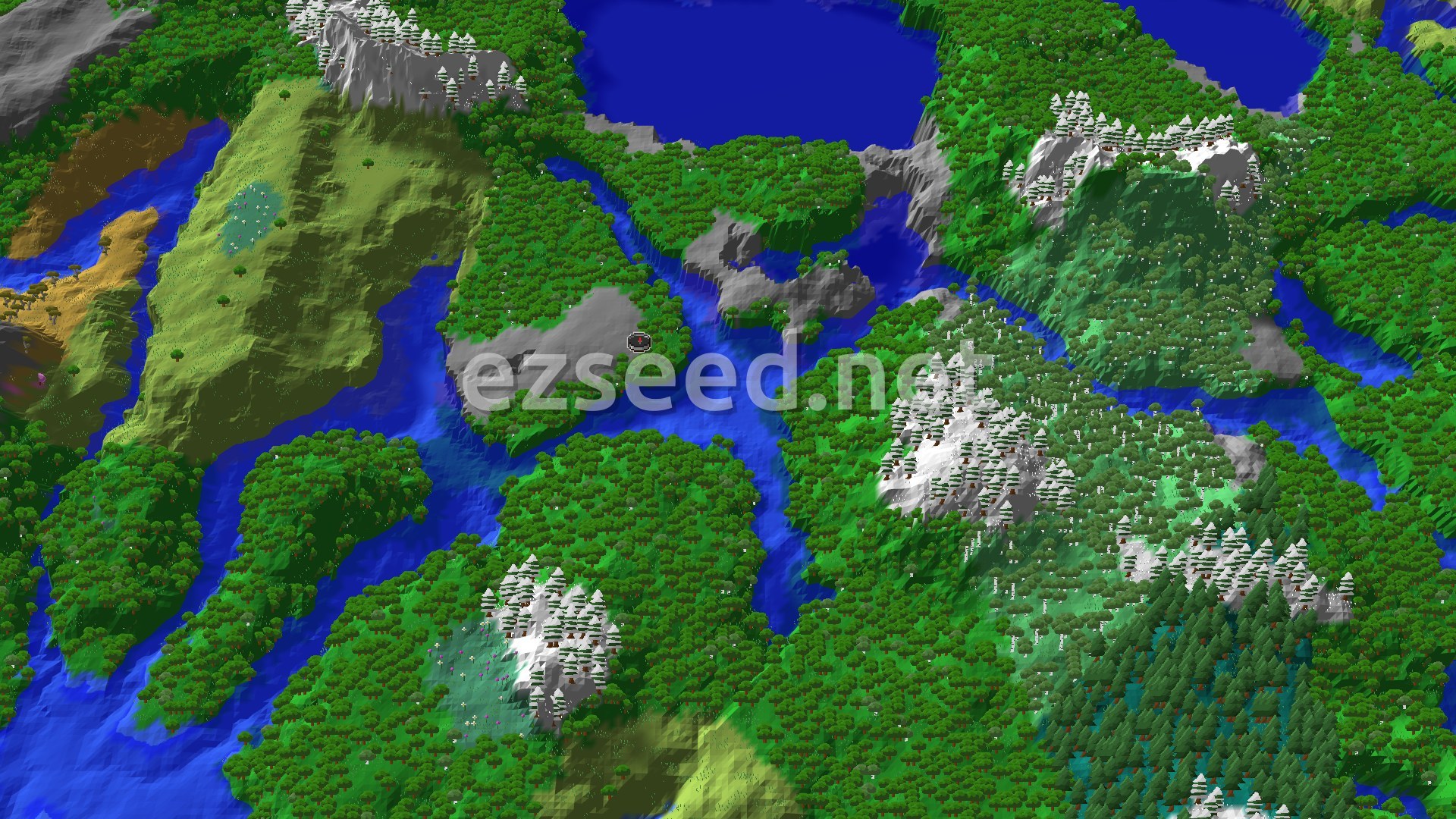 An aerial view of a Minecraft landscape, showing a network of rivers and lakes winding through dense forests, with some snowy mountains visible in the distance.