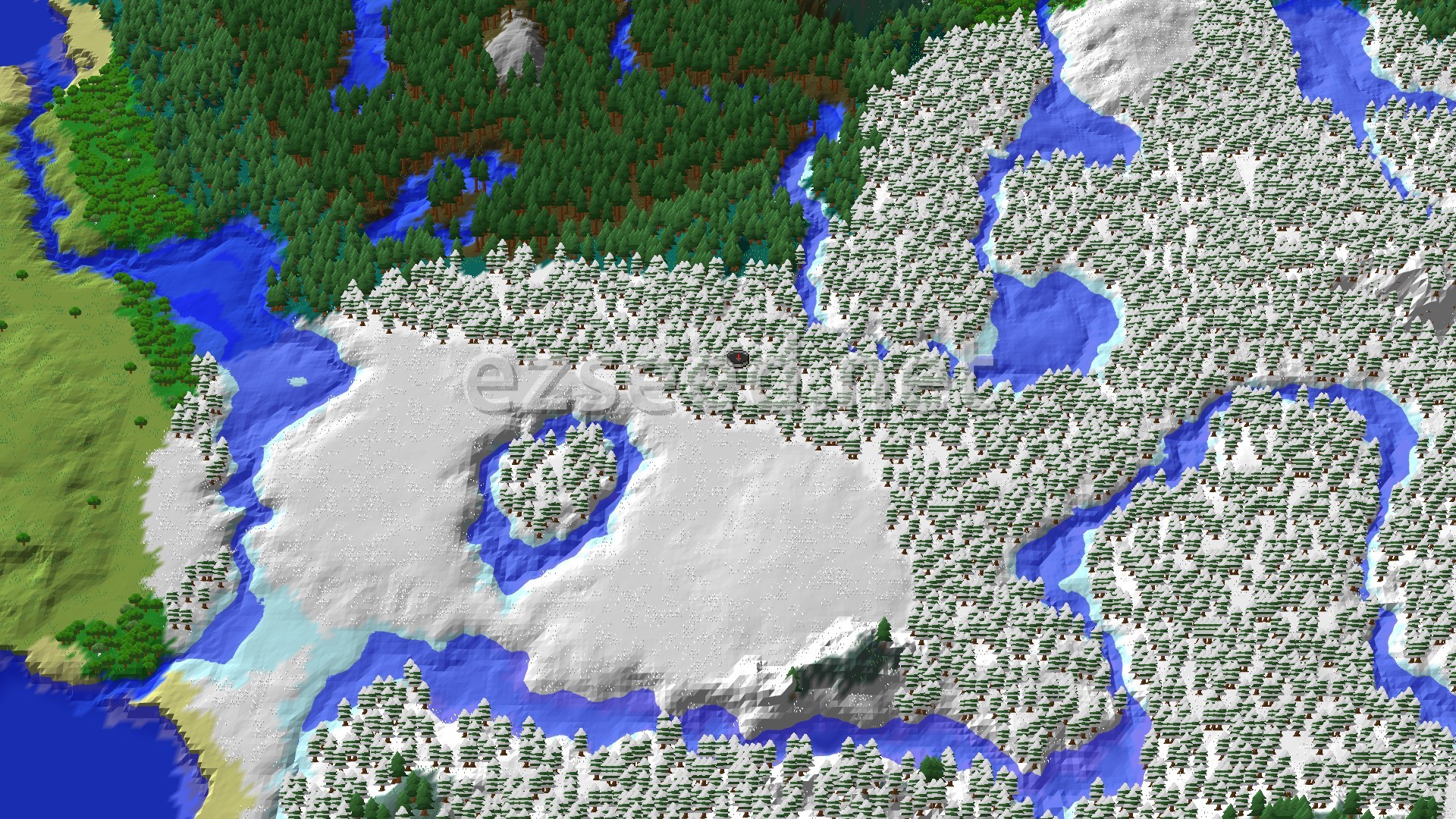 An overhead view of a snowy taiga landscape with scattered trees and a frozen river, centered on the player's spawn point.