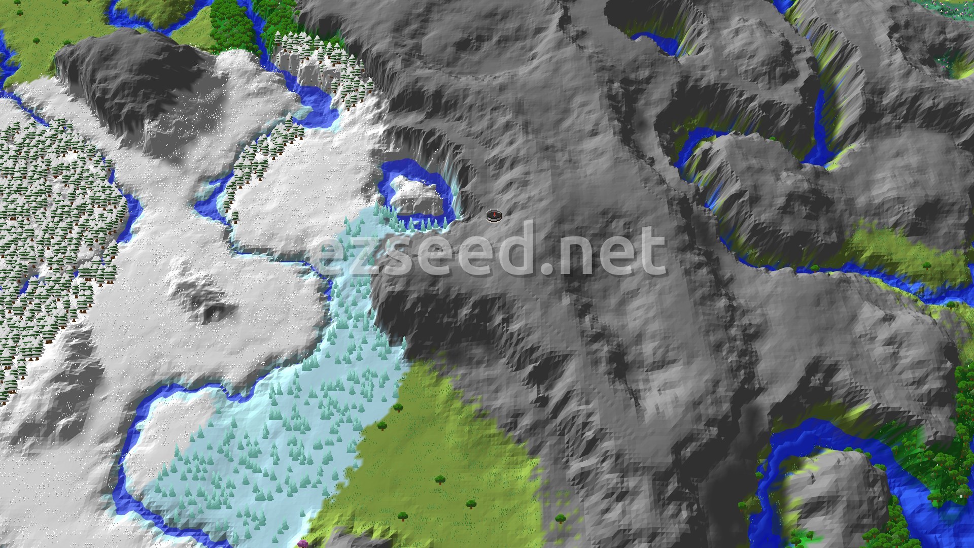 A 3D fly-over of a mountainous, snowy, and forested terrain with a small cherry grove biome at the center, marked with a spawn icon.