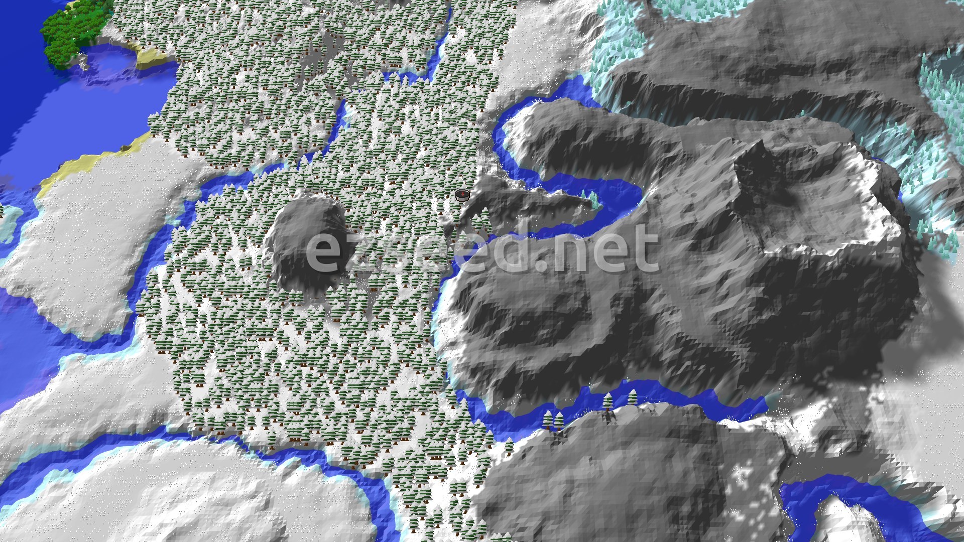 A bird's eye view of a snow-covered landscape with dense evergreen forests, a prominent dark grey mountain to the left, and a large range of jagged grey mountains with icy blue rivers winding through them on the right. A small spawn marker sits in the center.