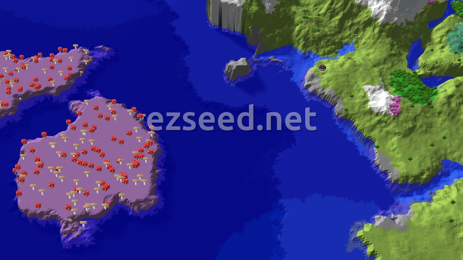 A 3D overhead view of a diverse island landscape, featuring a large mushroom fields island to the left, and a mainland to the right with green plains, a forest, pink cherry grove trees, and snowy mountain peaks, all surrounded by blue ocean with a small spawn marker on the mainland.