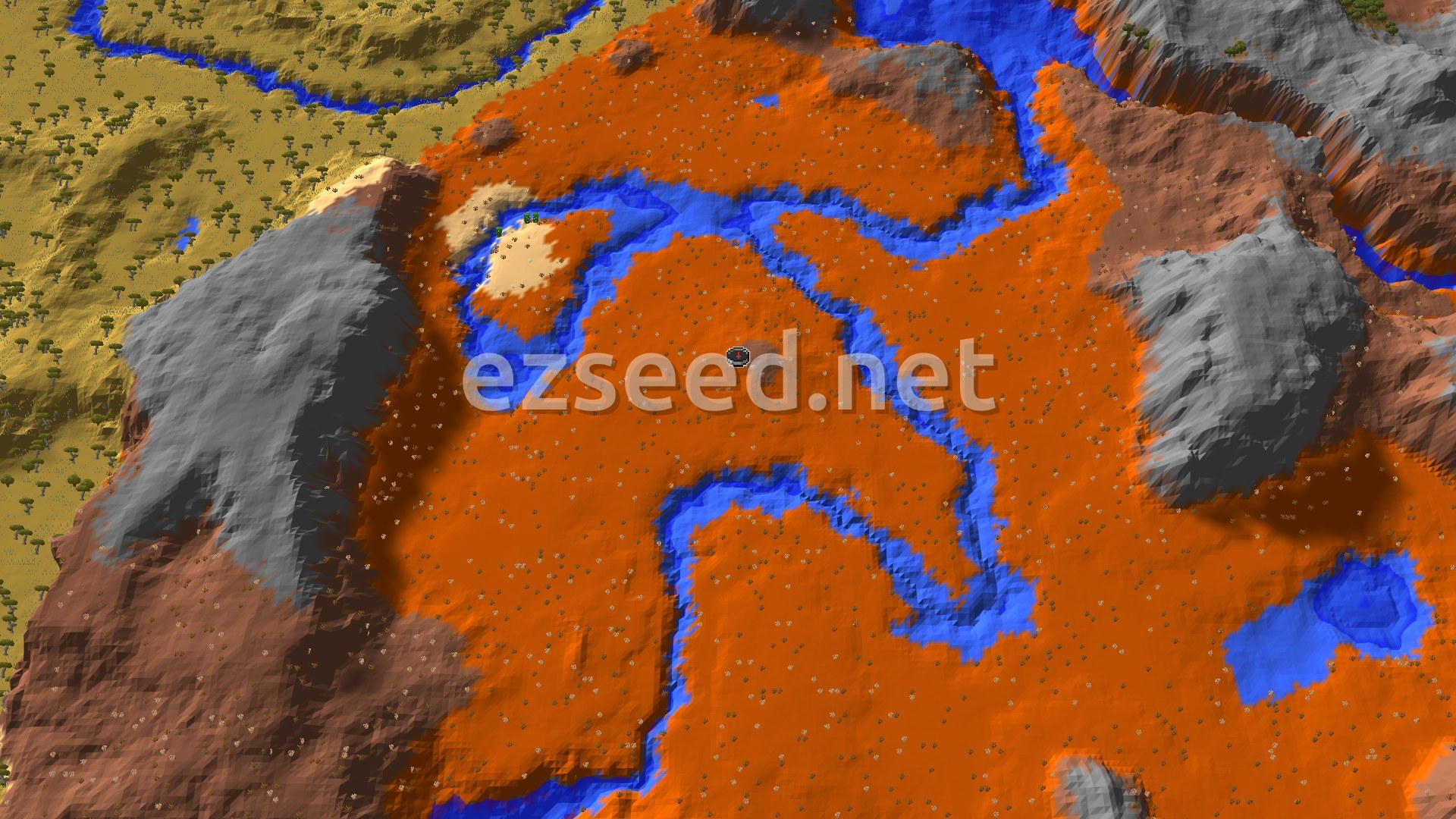 An overhead 3D render of the world around spawn, showing a mix of orange badlands, brown hills, grey mountains, and blue rivers. A small spawn marker is in the center.
