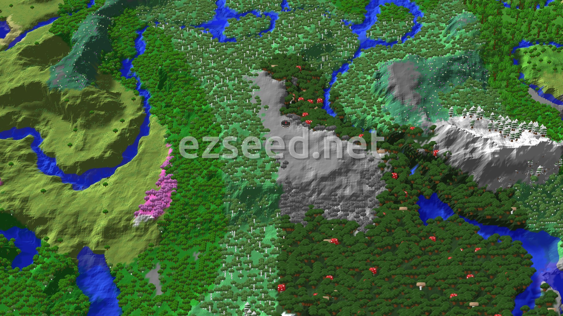 An overhead 3D view of a varied landscape, showing a pale green Pale Garden spawn surrounded by dense green forests, rivers, and a snow-capped mountain range.