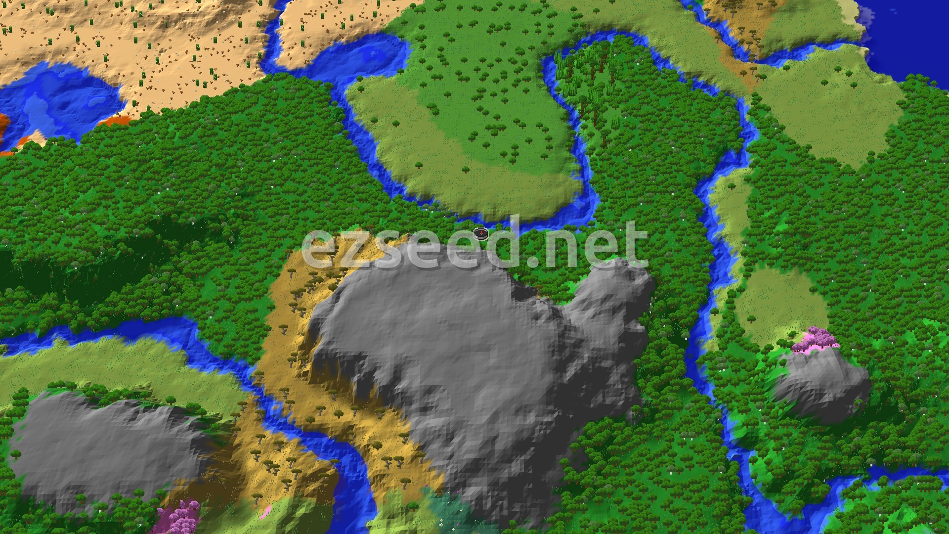 An aerial view of a mostly forested landscape with winding rivers, some flat plains, a large grey mountain, and a smaller grey mountain topped with pink trees.