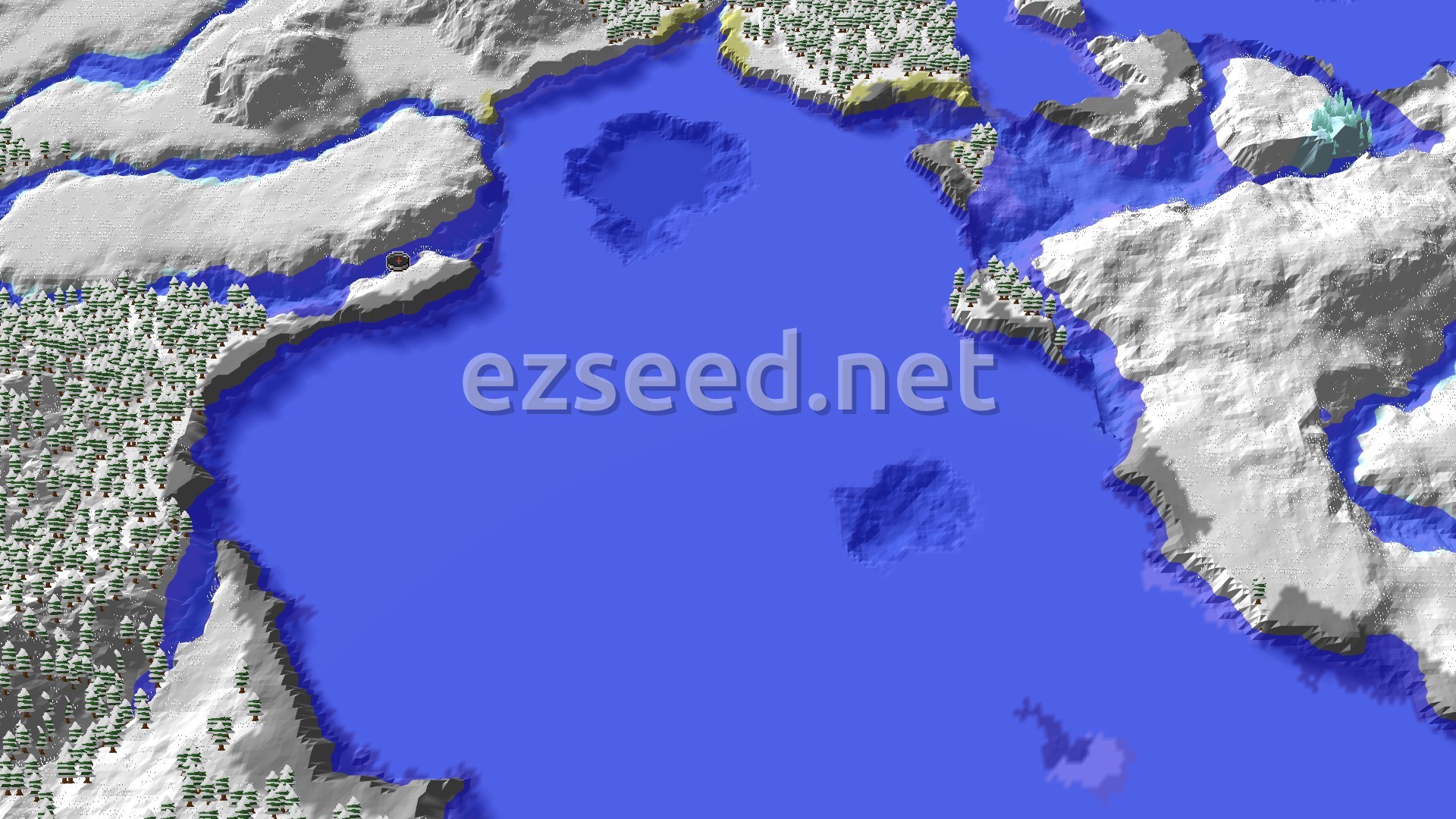 A 3D fly-over of a snowy, mountainous landscape with evergreen trees, a frozen river, and a large frozen ocean with deep water, with a small spawn marker in the center.