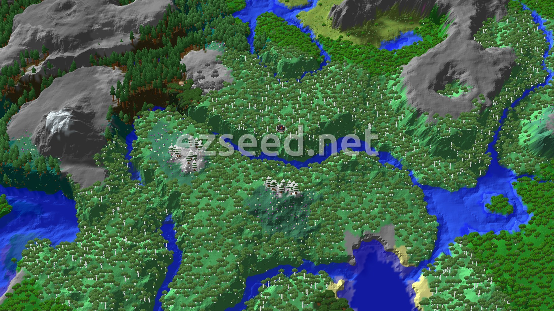 An aerial view of a mostly forested landscape with a central spawn marker. Rivers carve through the green, and distant grey mountains rise, one with a patch of snow. Several clusters of white-topped trees suggest a snowy or icy biome.