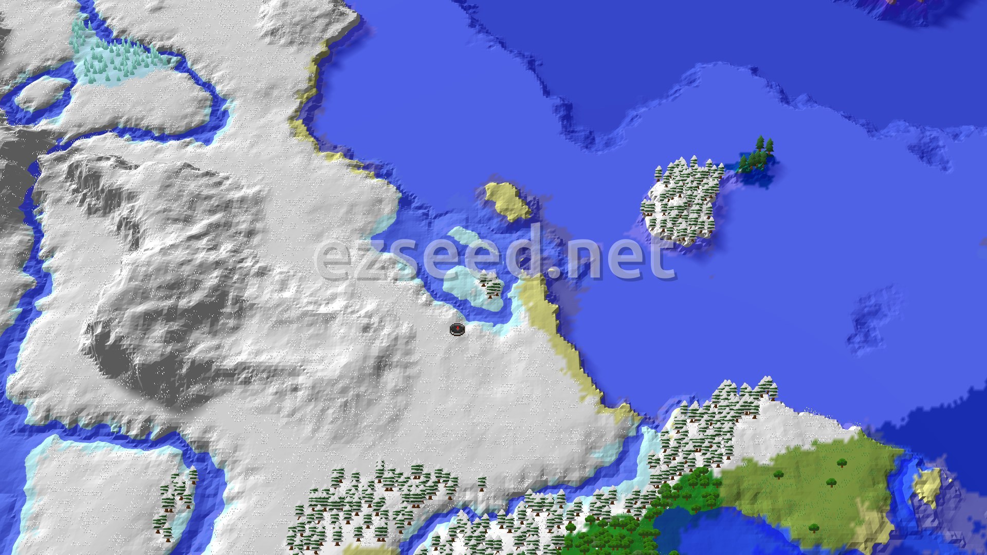 A snowy, mountainous landscape dominates the left, giving way to a large frozen ocean with scattered islands on the right. A small spawn marker is visible near the coast.