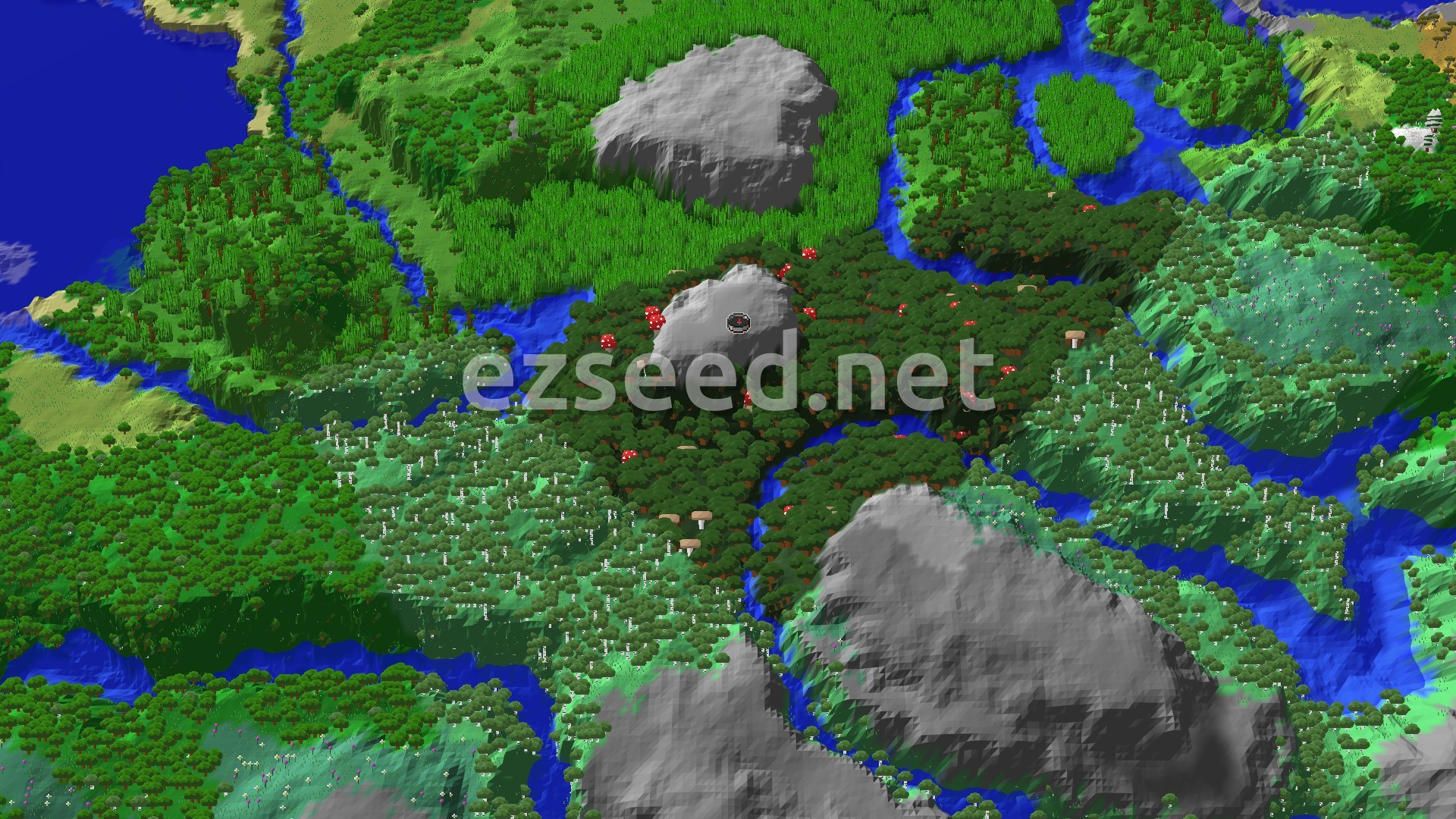 Aerial Minecraft seed map — Bamboo Jungle and Rivers Near Dark Forest Spawn
