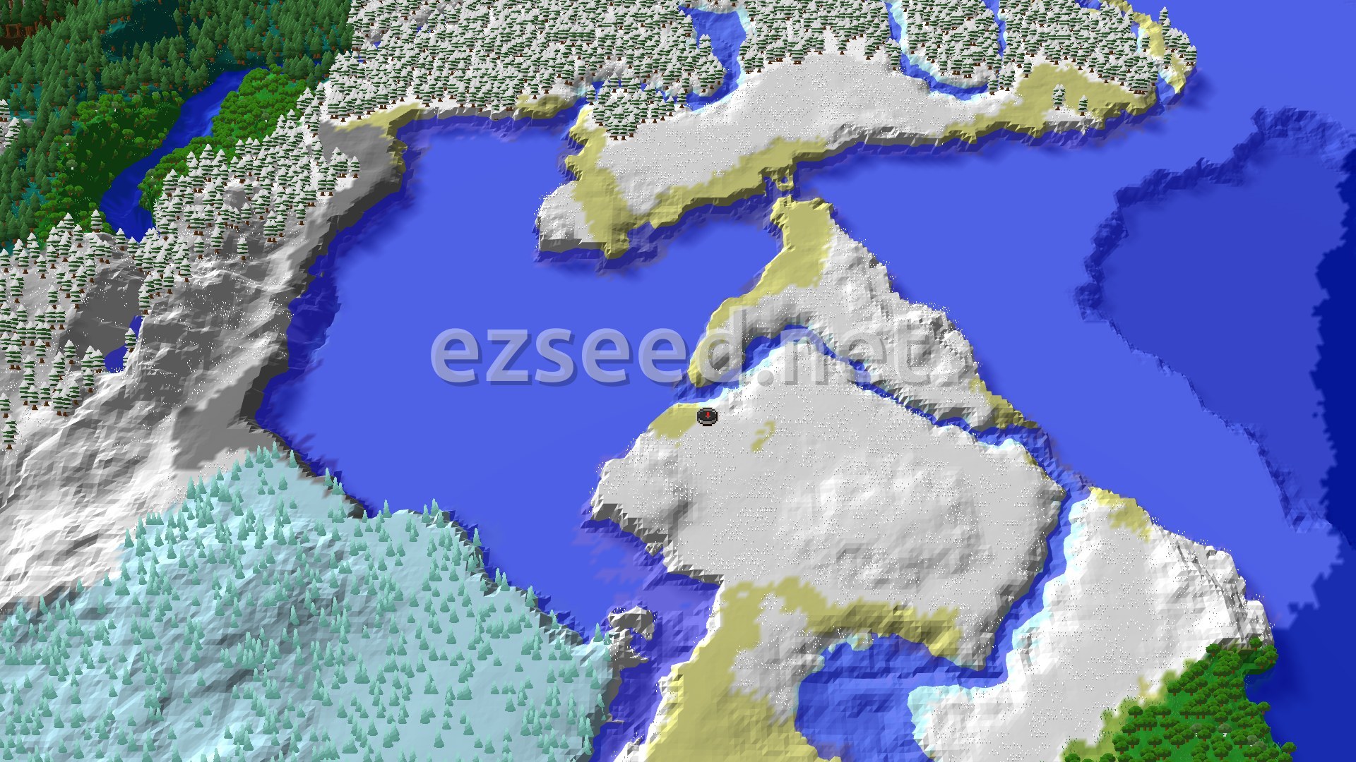 Aerial Minecraft seed map — Ice Spikes Near Spawn in a Snowy World