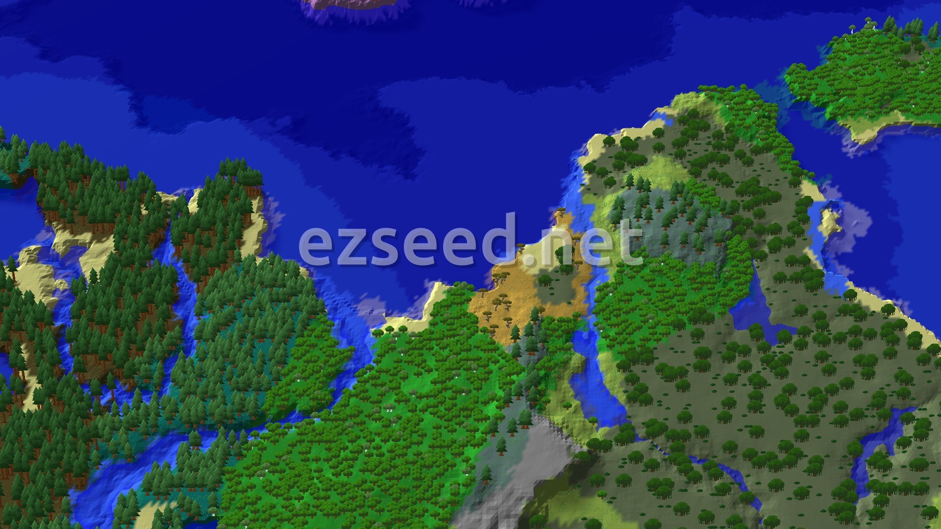 An overhead view shows a large body of blue water bordering a varied coastline. Dense green forests cover much of the land, interspersed with lighter green plains, and some areas of tan beach and grey hills. A winding river cuts through the forested landscape.