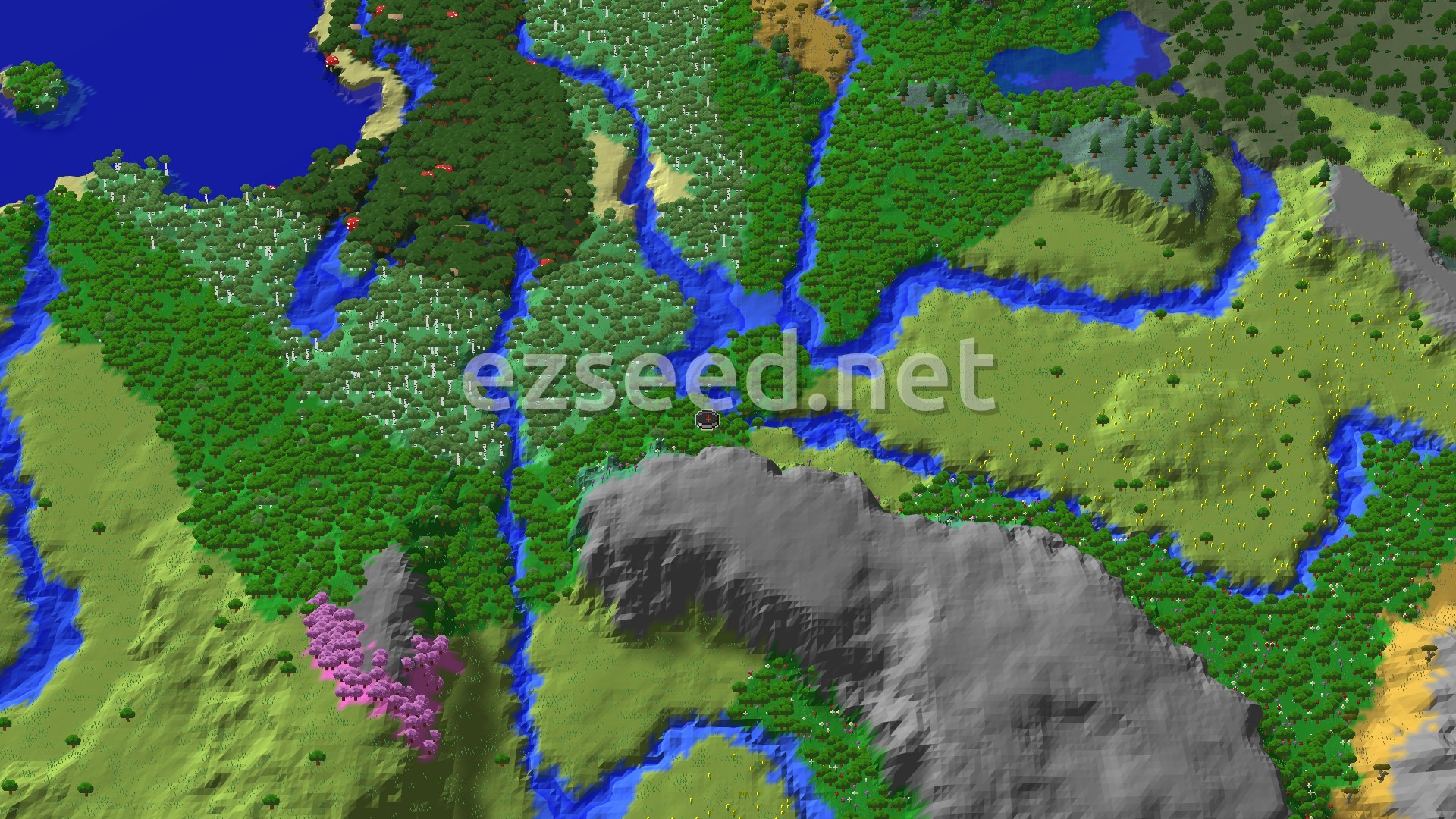 A 3D fly-over of a varied Minecraft landscape, showing a dense green forest, winding blue rivers, patches of open plains, and a prominent grey windswept hills peak. A pink cherry grove is visible on the edge of the peak.