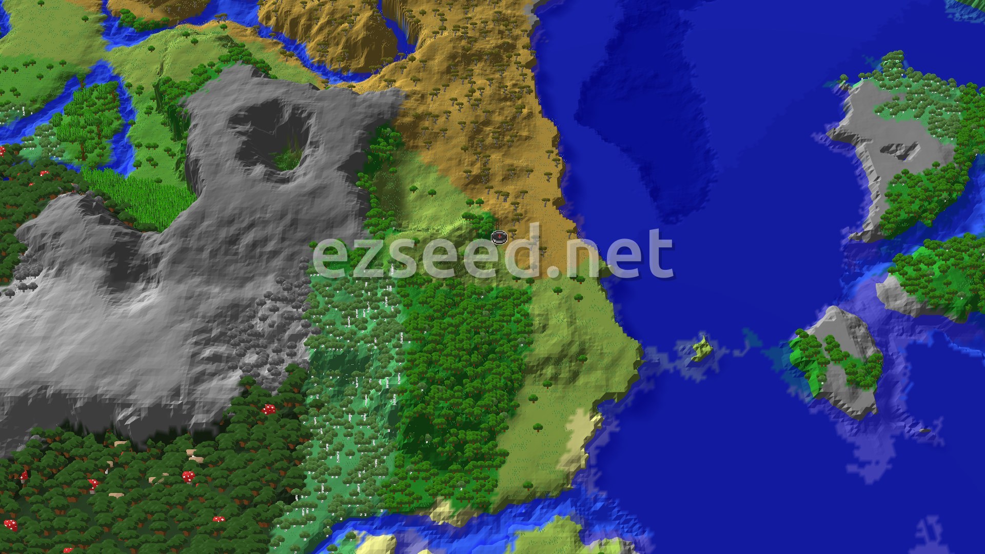 A 3D fly-over of a varied Minecraft landscape showing a spawn marker on flat plains, surrounded by forests, savannas, mountains, and a large ocean with islands.