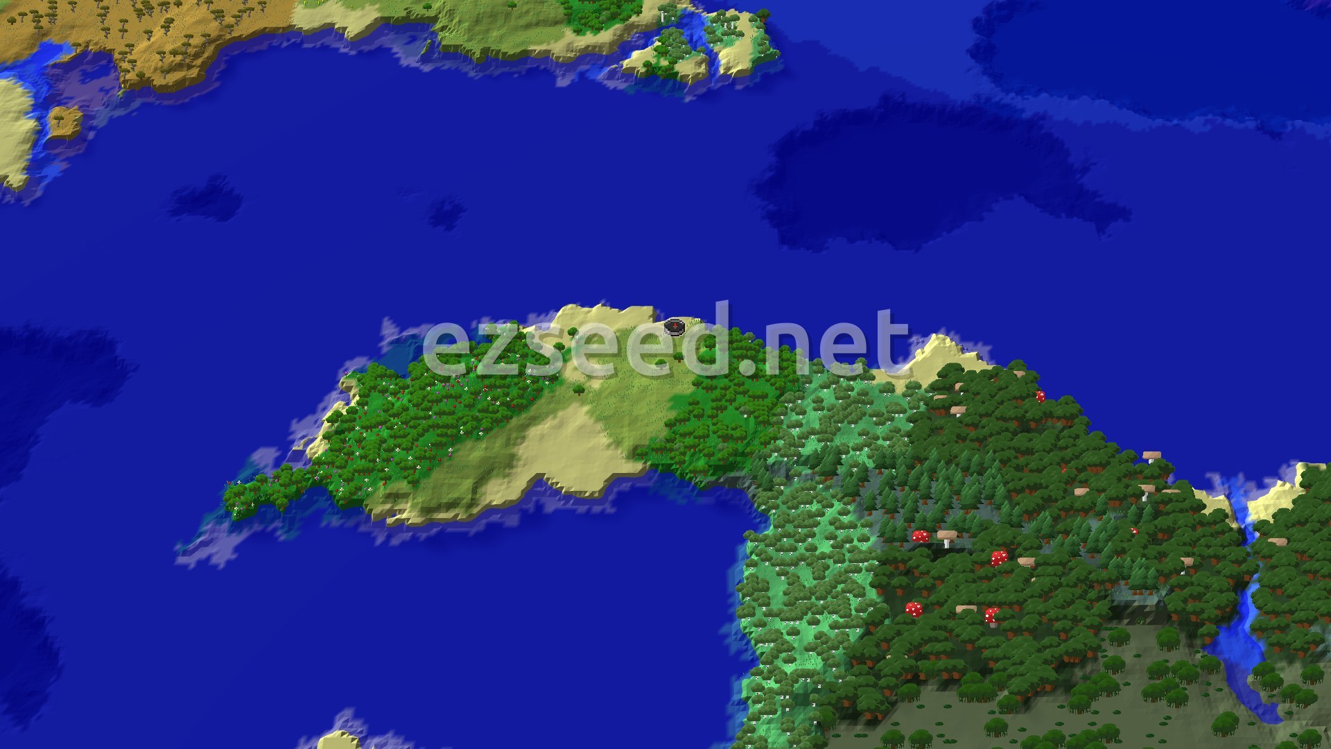 An aerial view shows a long, narrow landmass covered in forests and plains, surrounded by ocean, with a small spawn marker near the center and some mushroom fields to the east.
