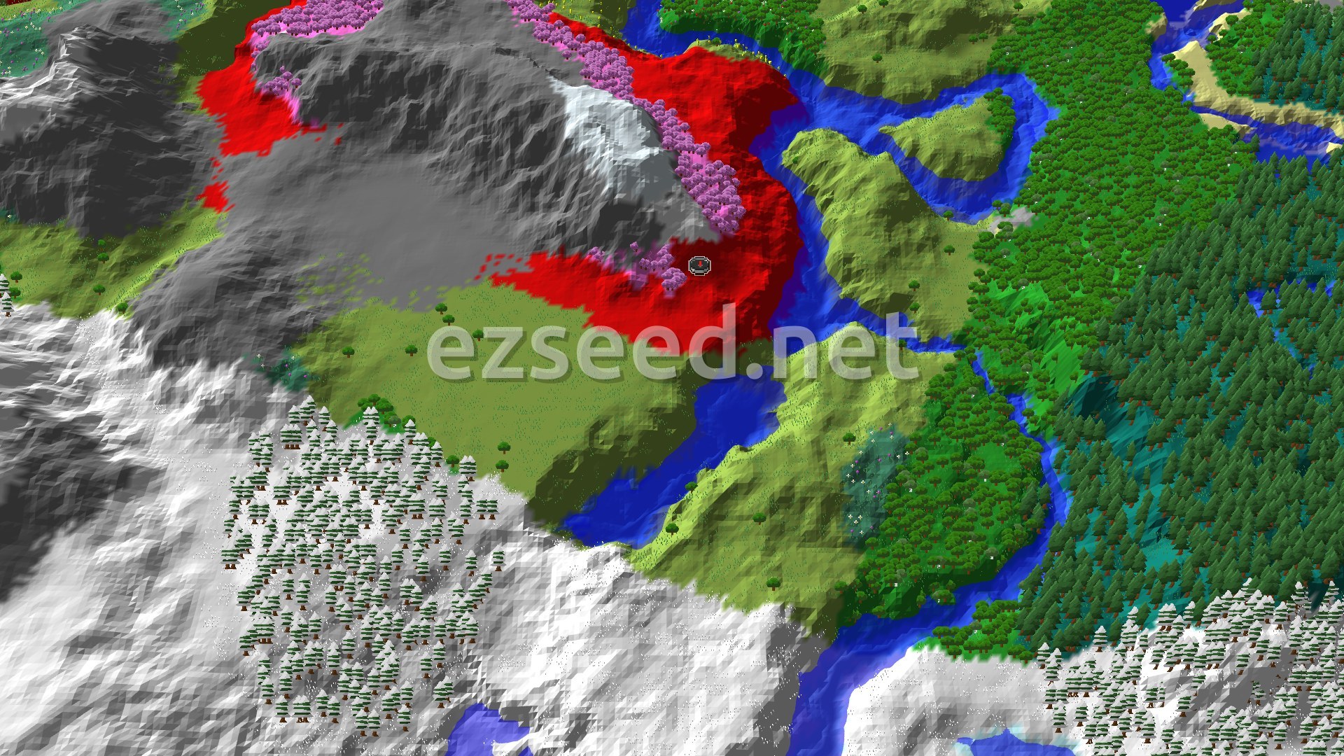 A 3D fly-over of a Dappled Forest and nearby snowy mountains, with a small spawn marker.