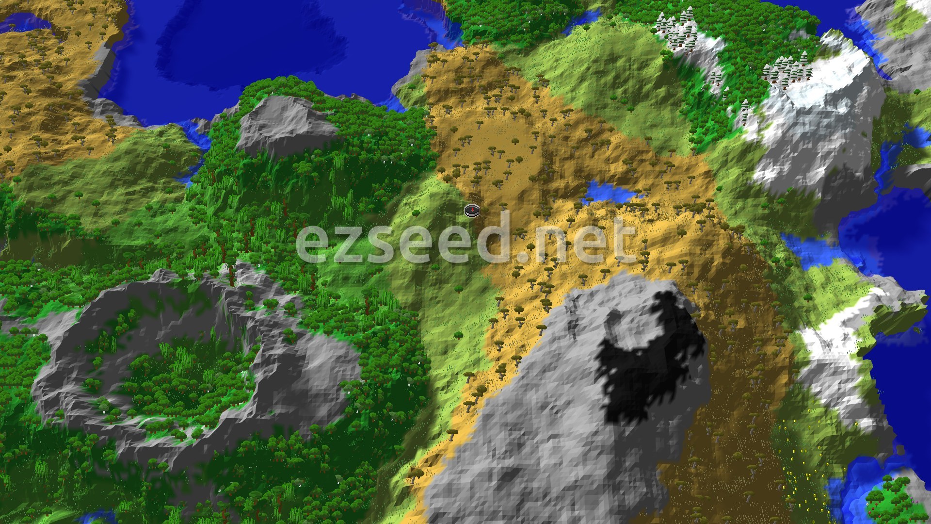 An aerial view of a Minecraft world showing a mix of green forests, golden savanna, rocky peaks, and blue ocean, with a small spawn marker in the center of the savanna.